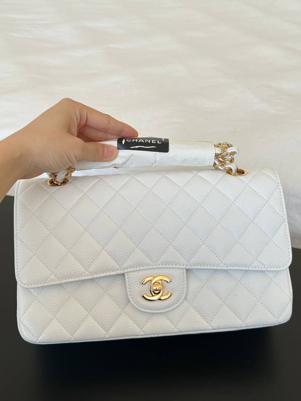 Chanel White Caviar Leather Classic Flap Medium Gold Hardware Handbag