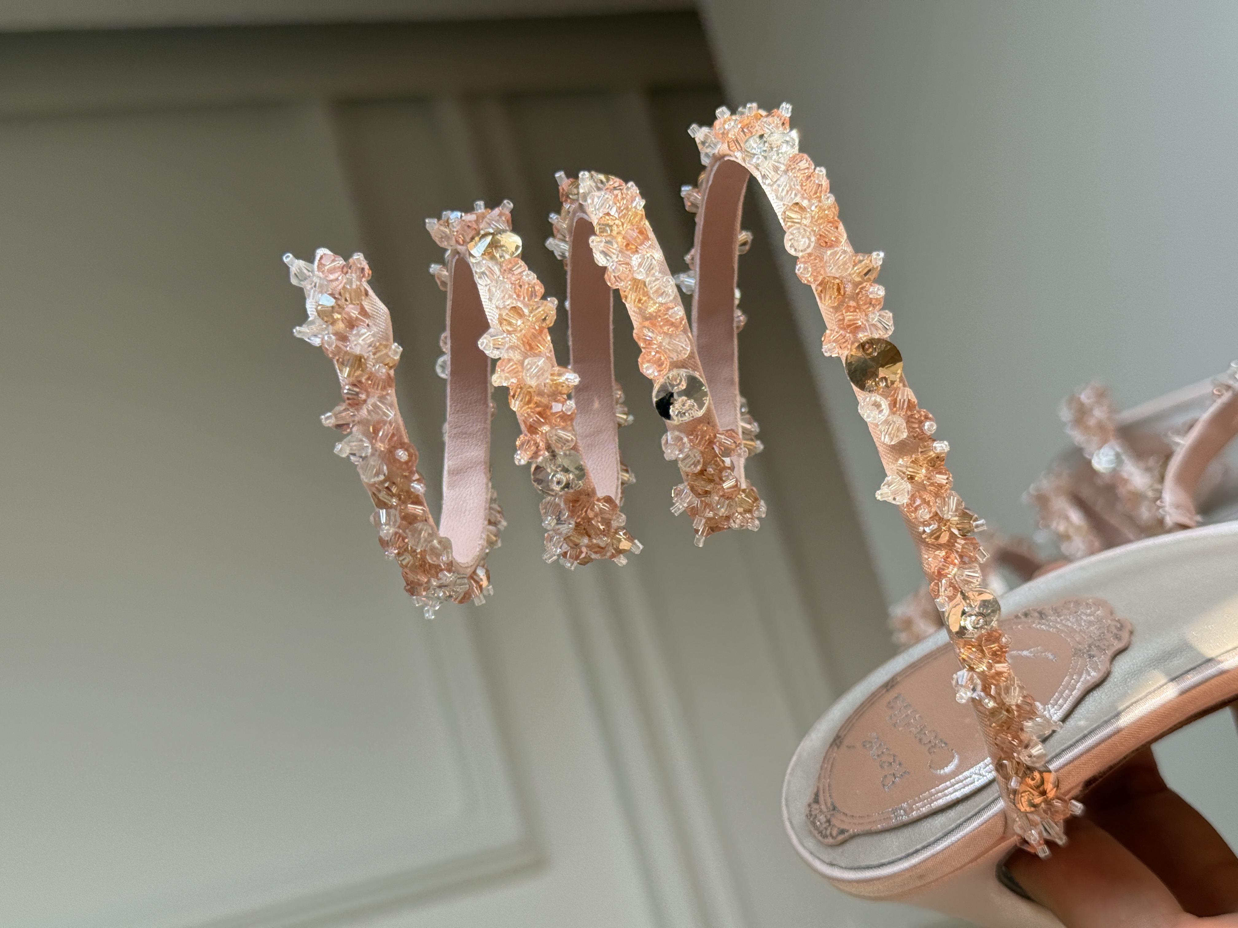 Nude Pink Spiral Ankle Wrap Hand-Beaded Crystal Open Toe Stiletto Sandals