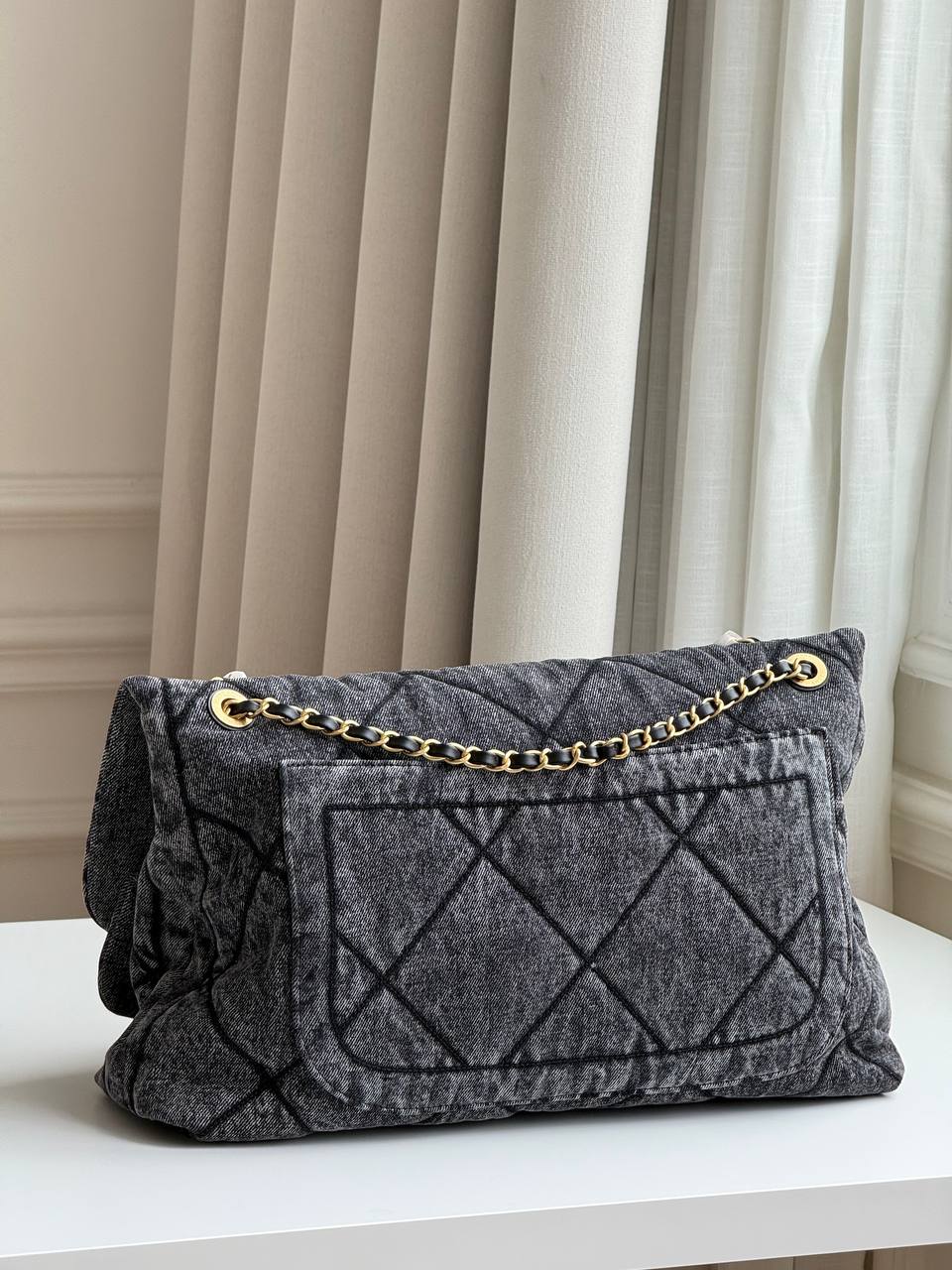 CHANEL Washed Black Denim Quilted Large Flap Bag with Gold-Tone Hardware