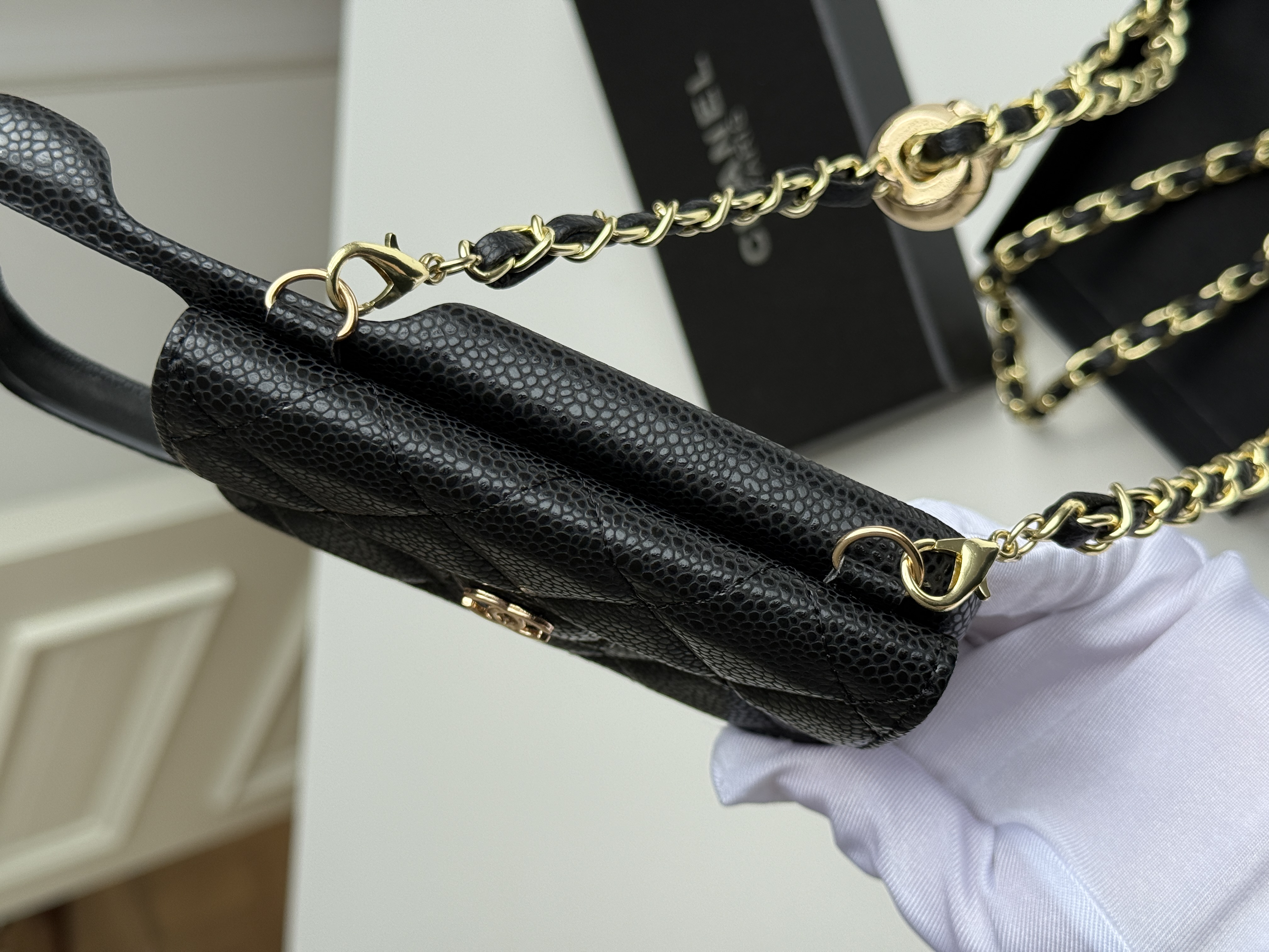 Chanel Black Caviar Leather Quilted Phone Holder Chain Crossbody Bag