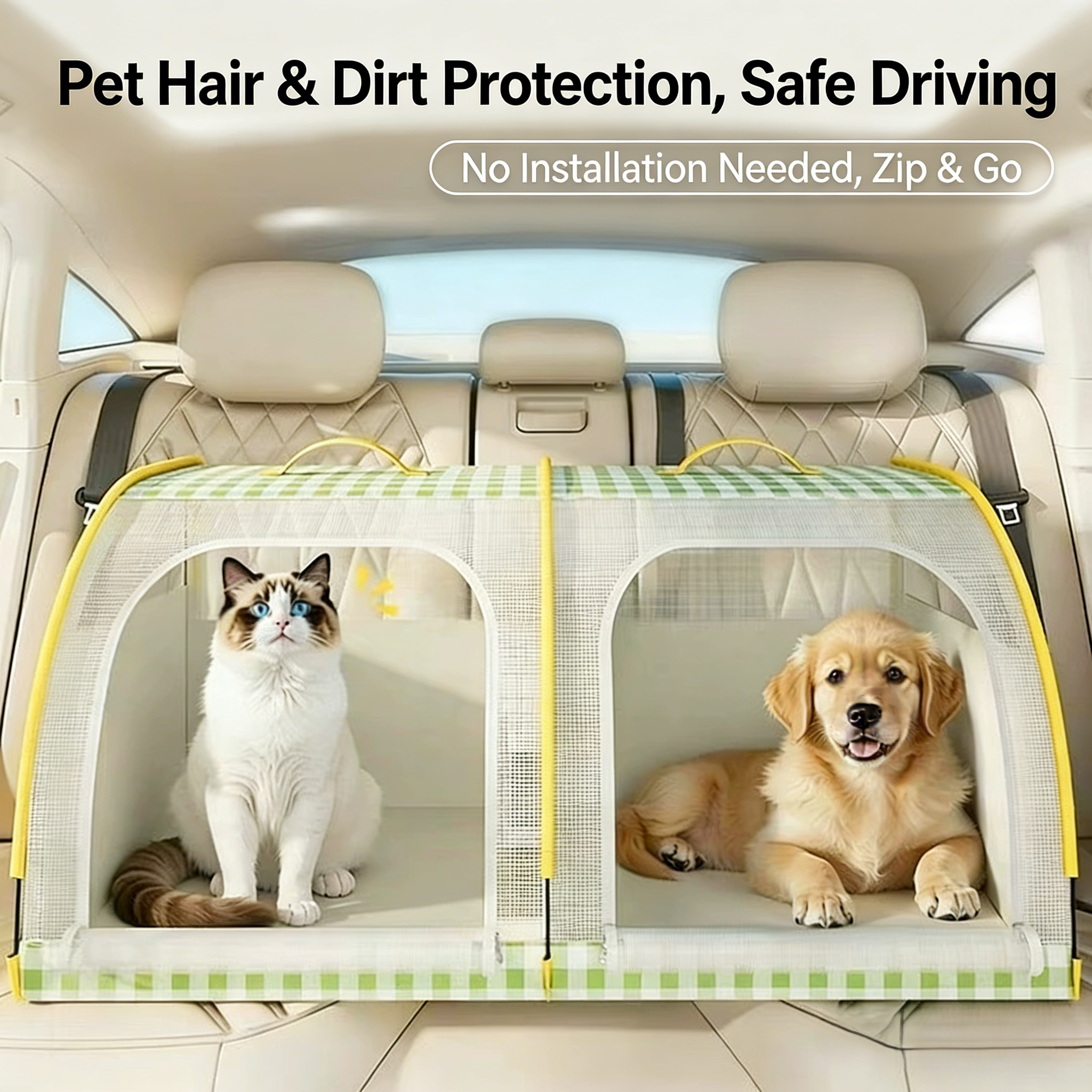 Dual Compartment Car Bed Breathable Mesh Gingham Cover Foldable Travel Seat for Multiple Pets - MAISONKAIRON
