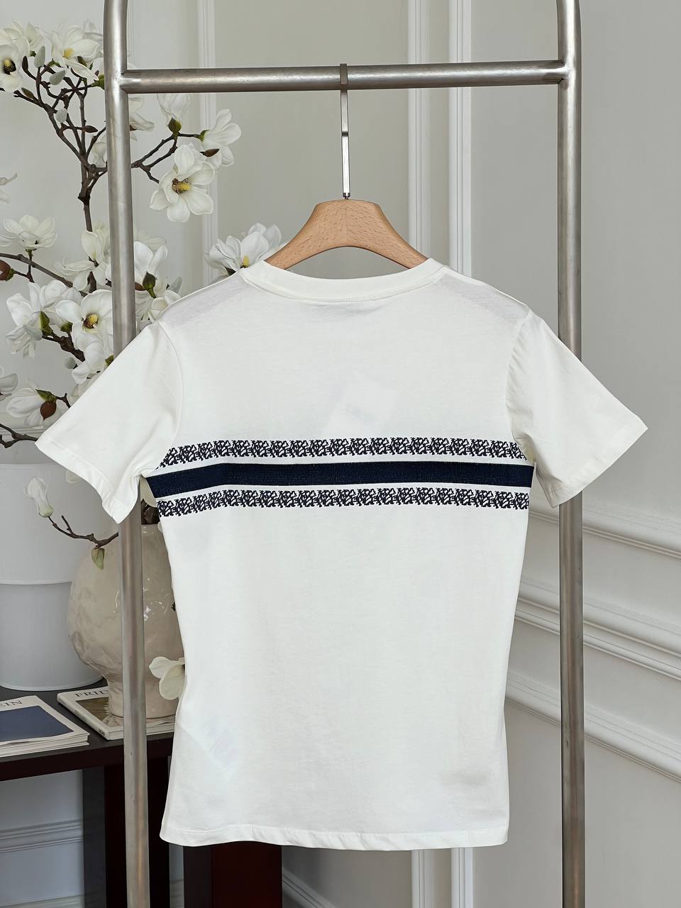 Christian Dior White Cotton Crewneck T-shirt With Oblique Jacquard Stripe Logo