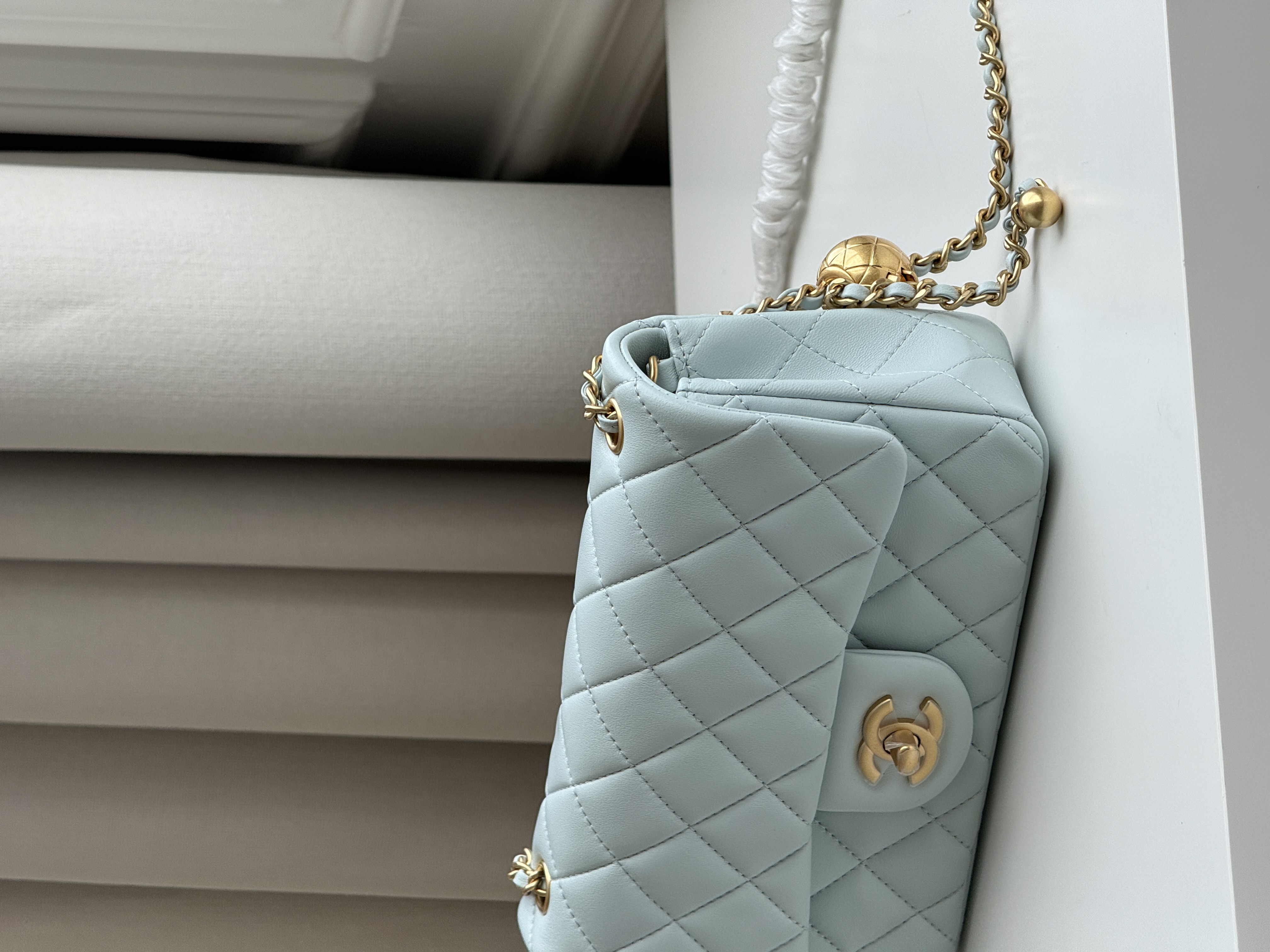 Chanel Light Blue Caviar Leather Classic Flap Silver CC Chain Bag