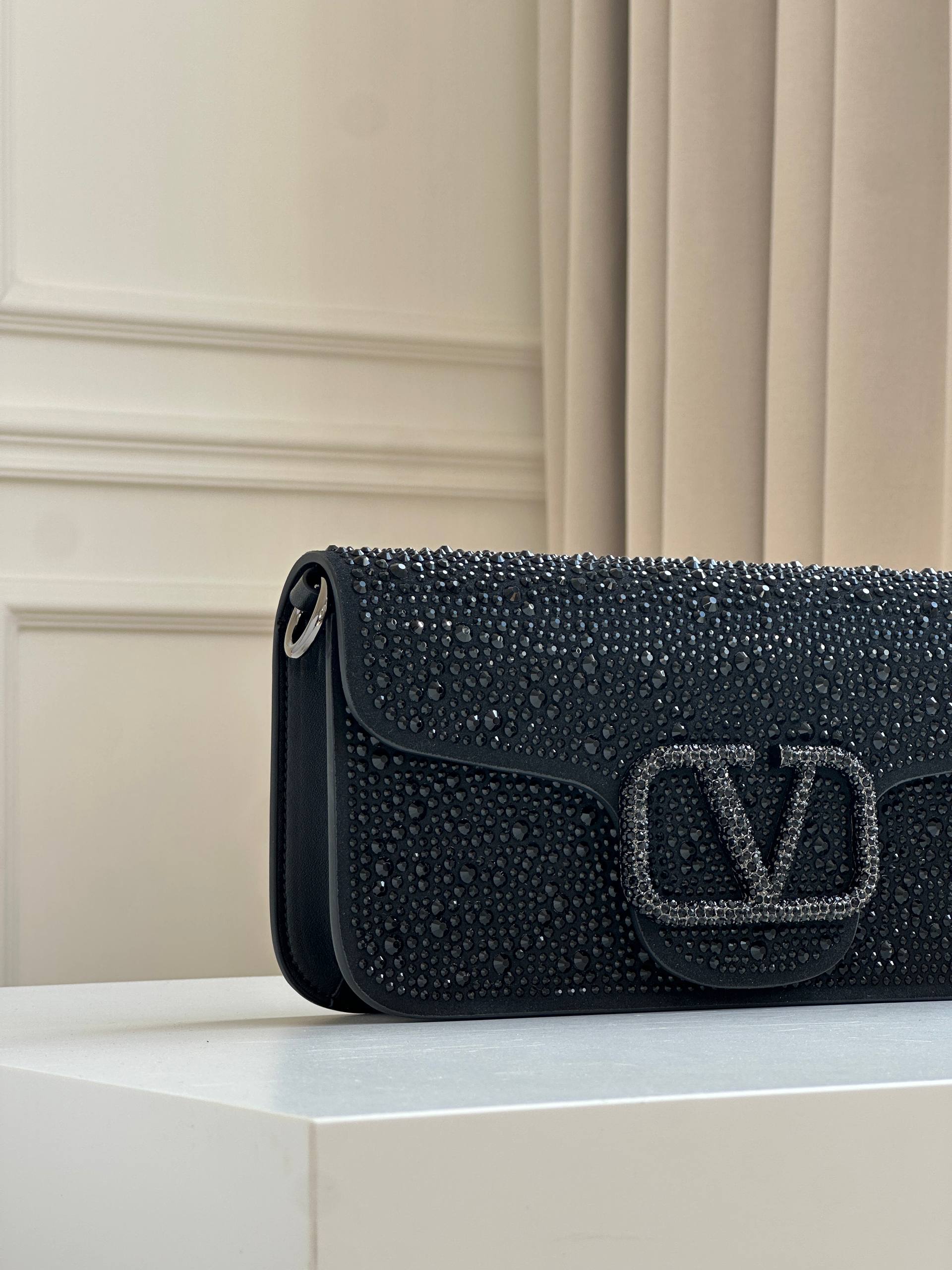 Valentino Black Full Crystal VLogo Flap Baguette Shoulder Bag