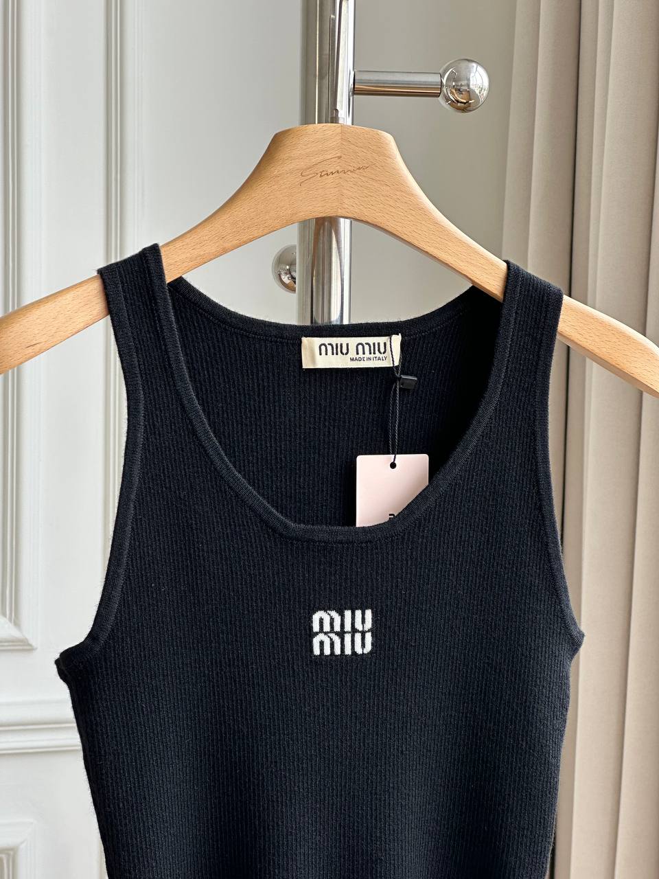 Miu Miu Black Ribbed Knit U-Neck Wide Strap Tank Top With White Embroidery Logo