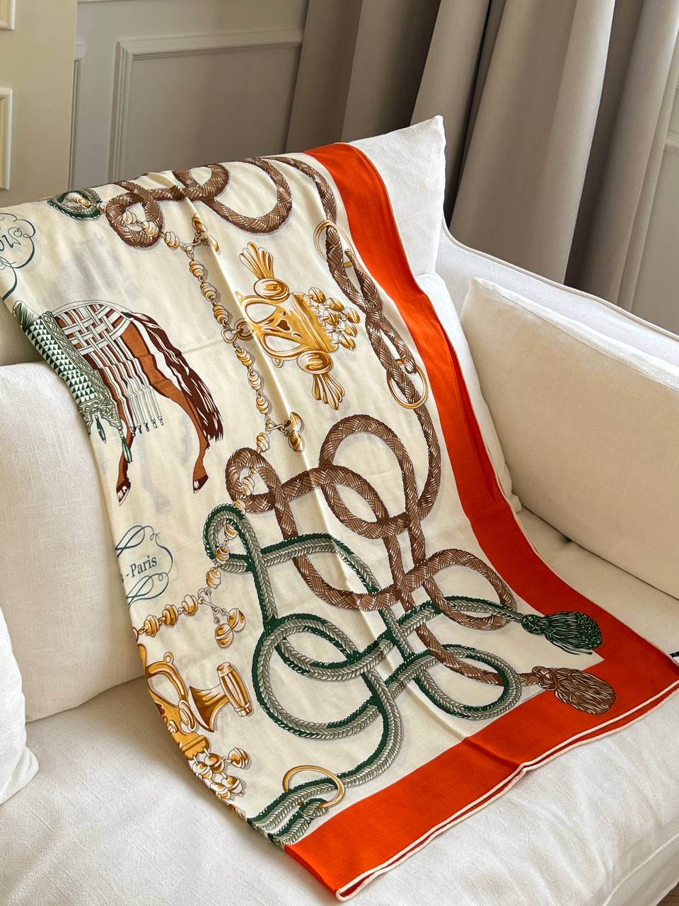 Hermès Cream Background Orange Border Horse Harness Rope Print 90cm Silk Square Scarf