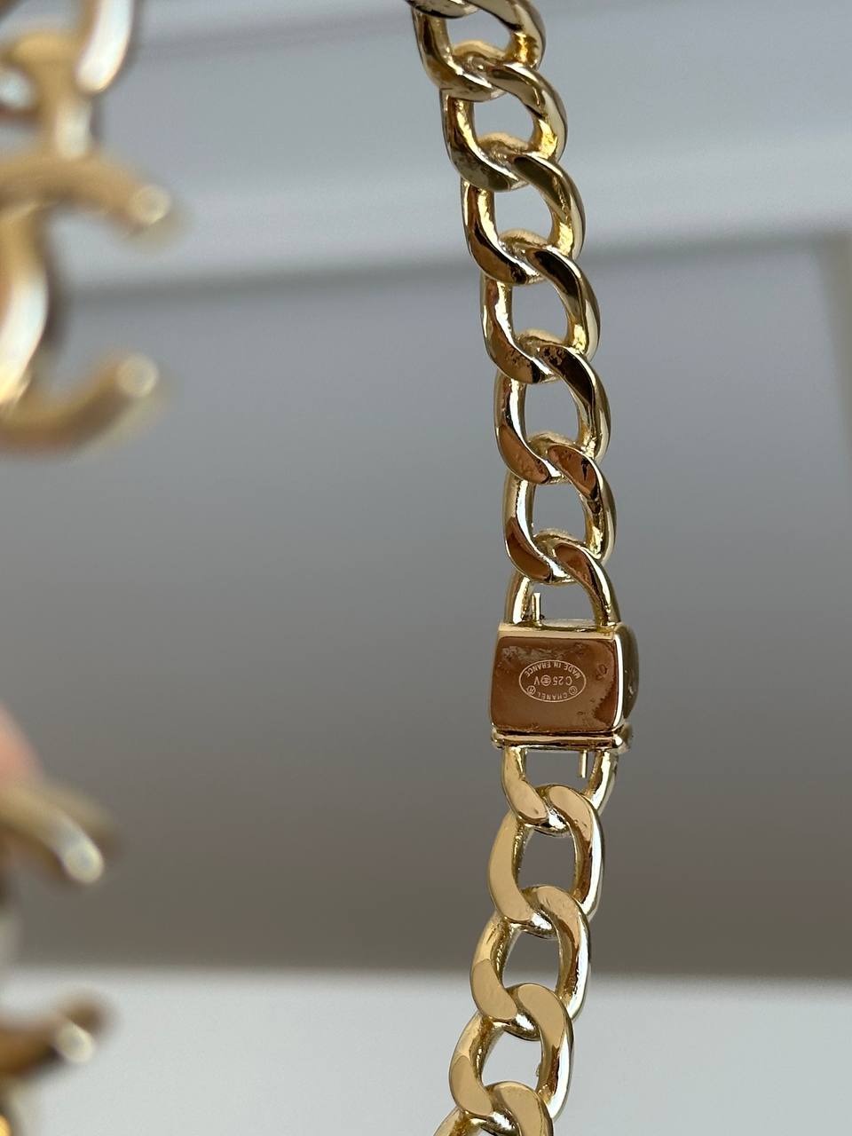 Chanel Light Gold Cuban Chain Open Cuff Bracelet With Interlocking CC Logo