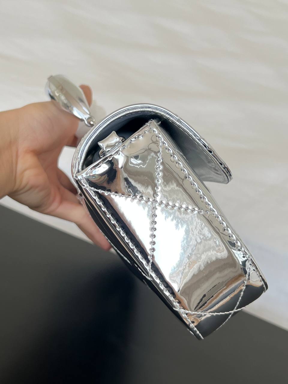 Chanel Silver Metallic Mirror Leather Long Kelly Top Handle Bag