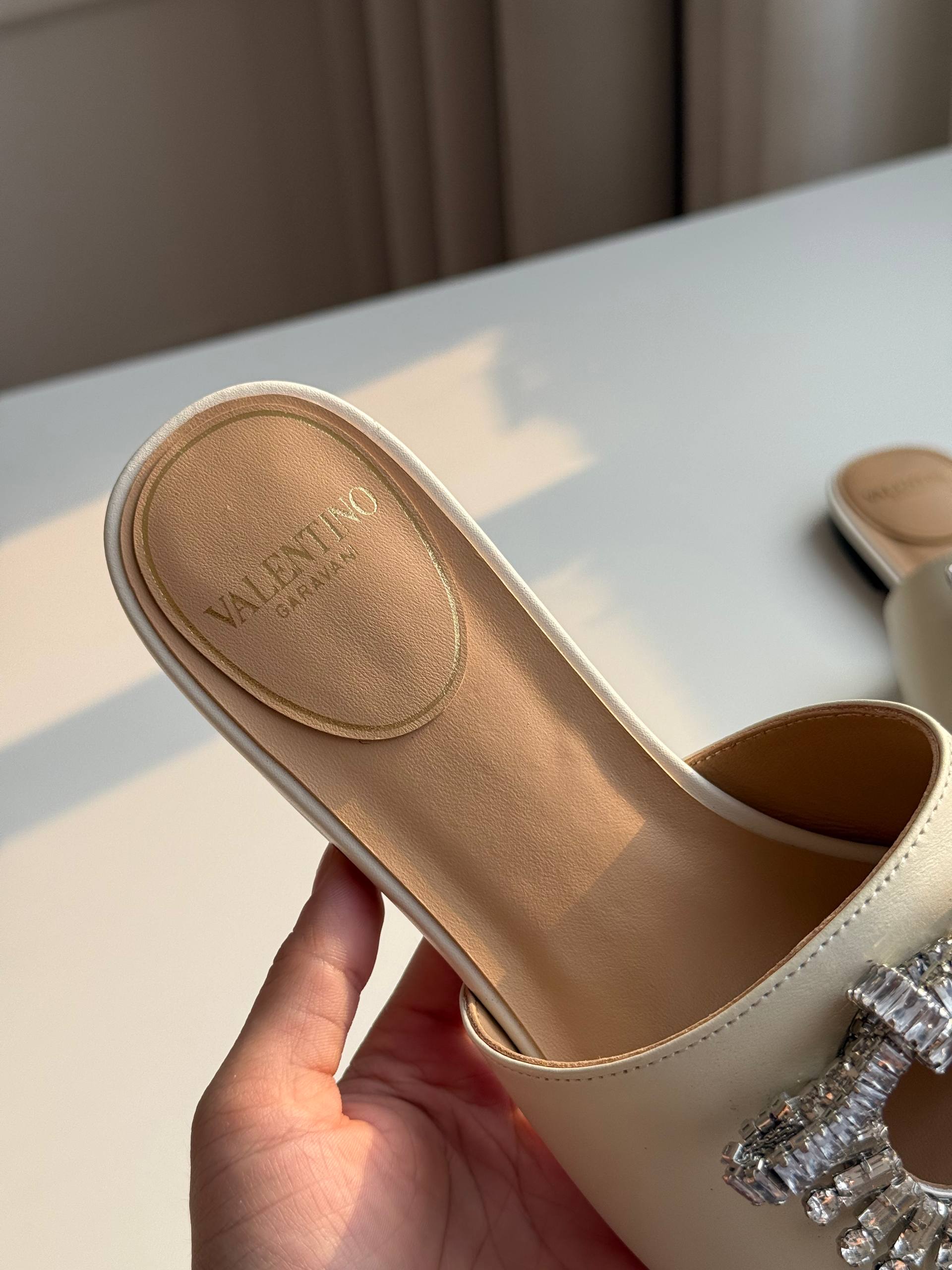 Valentino Crystal Sun Bow Flat Slide Sandals