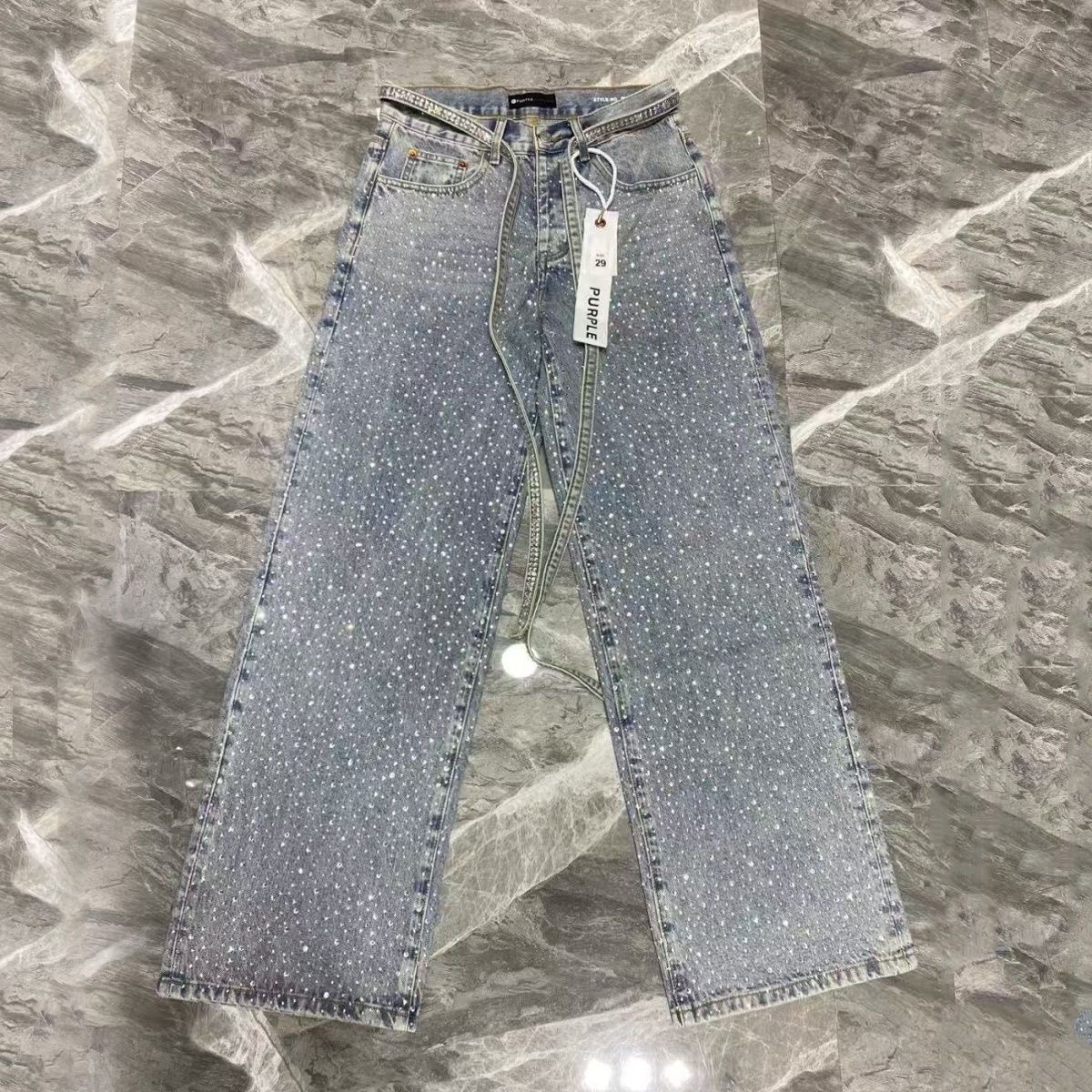 purple brand Full Starry Sky Rhinestone Water Washed Loose Wide-leg Straight Pants Denim