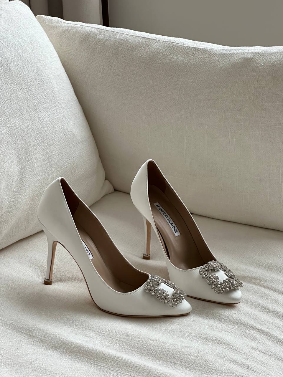 Manolo Blahnik White Satin Crystal Square Buckle Pointed Toe Stiletto Pumps