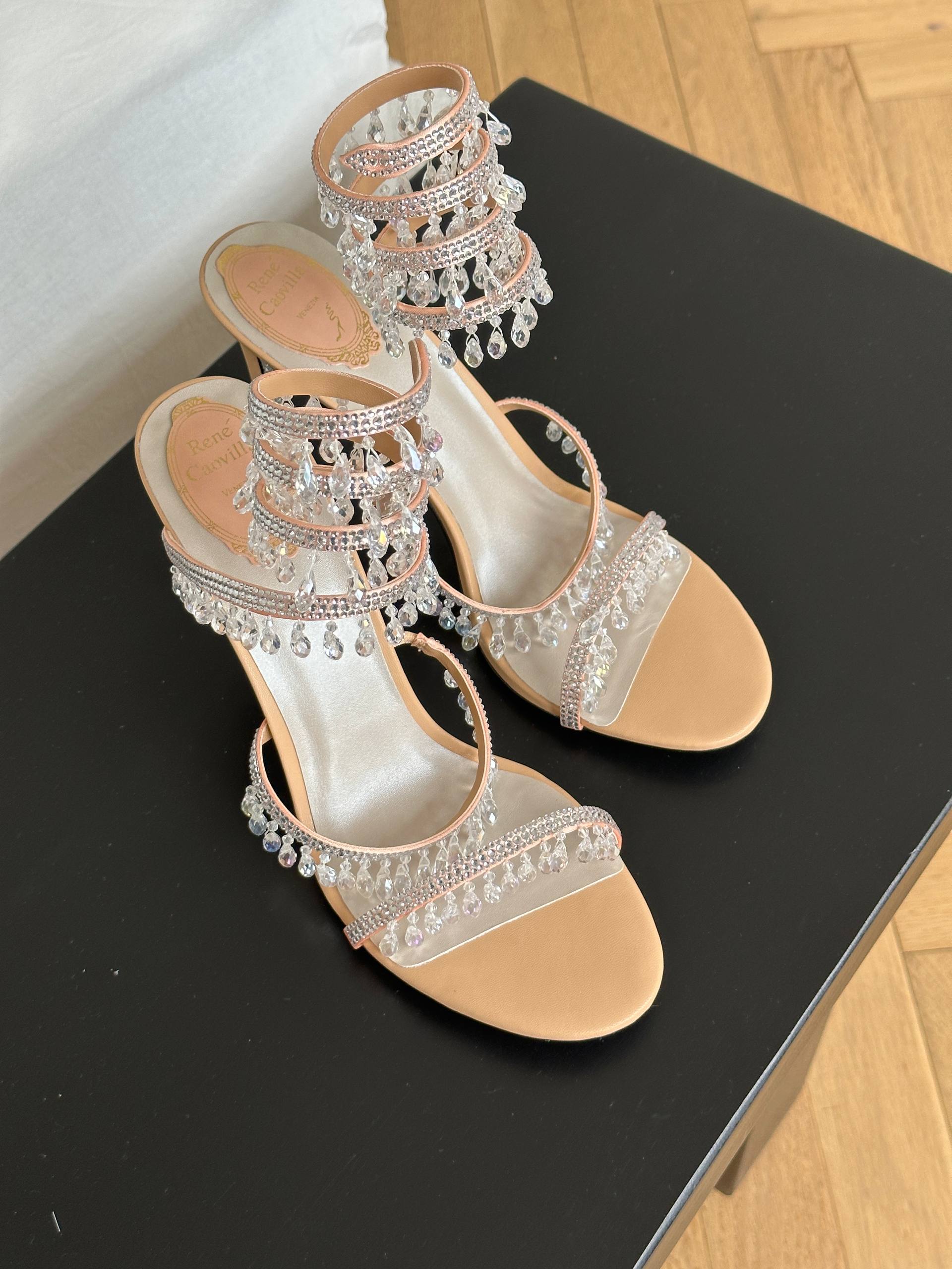 Rene Caovilla Nude Multi-layer Crystal Ankle Wrap Tassel Stiletto Heel Sandals