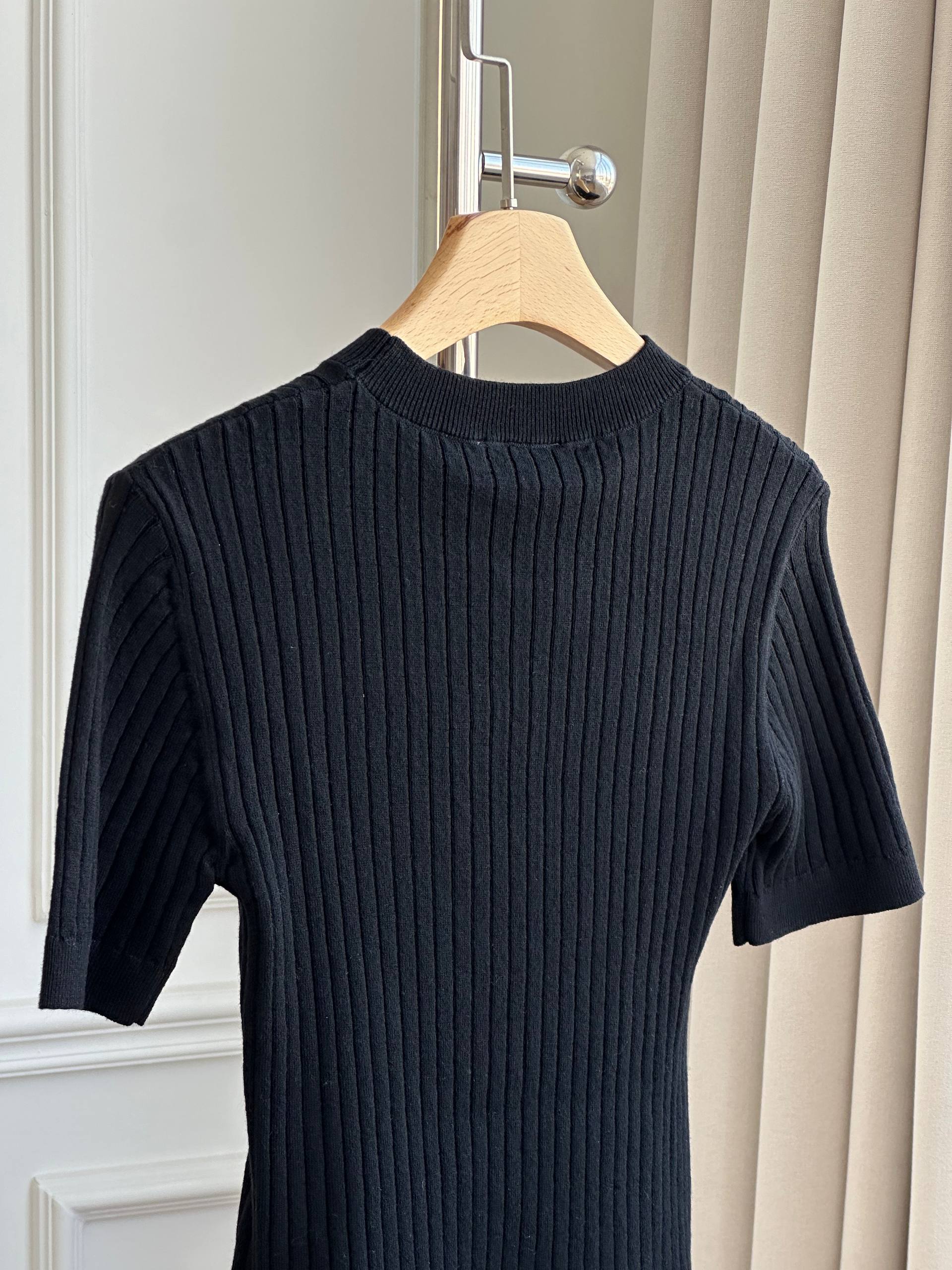 Chanel Ribbed Knit T-Shirt with Crystal CC Logo