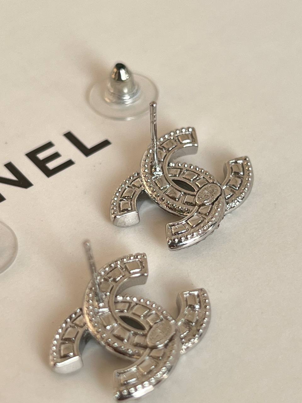 CHANEL Silver-Tone Crystal Interlocking CC Stud Earrings