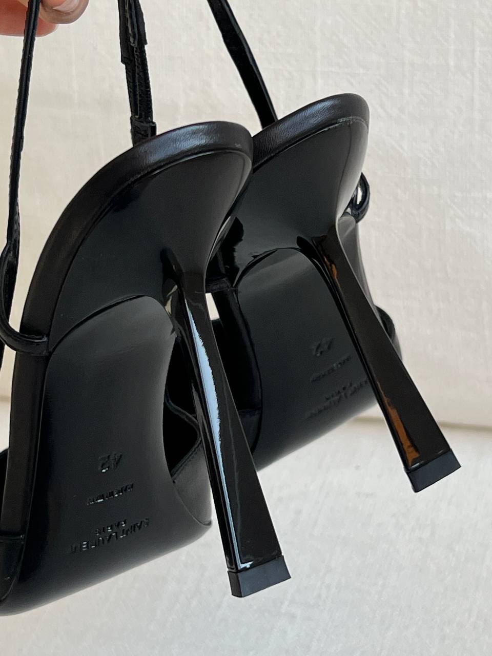 SAINT LAURENT Black Leather Metal YSL Logo Pointed Toe Slingback Stiletto Heels