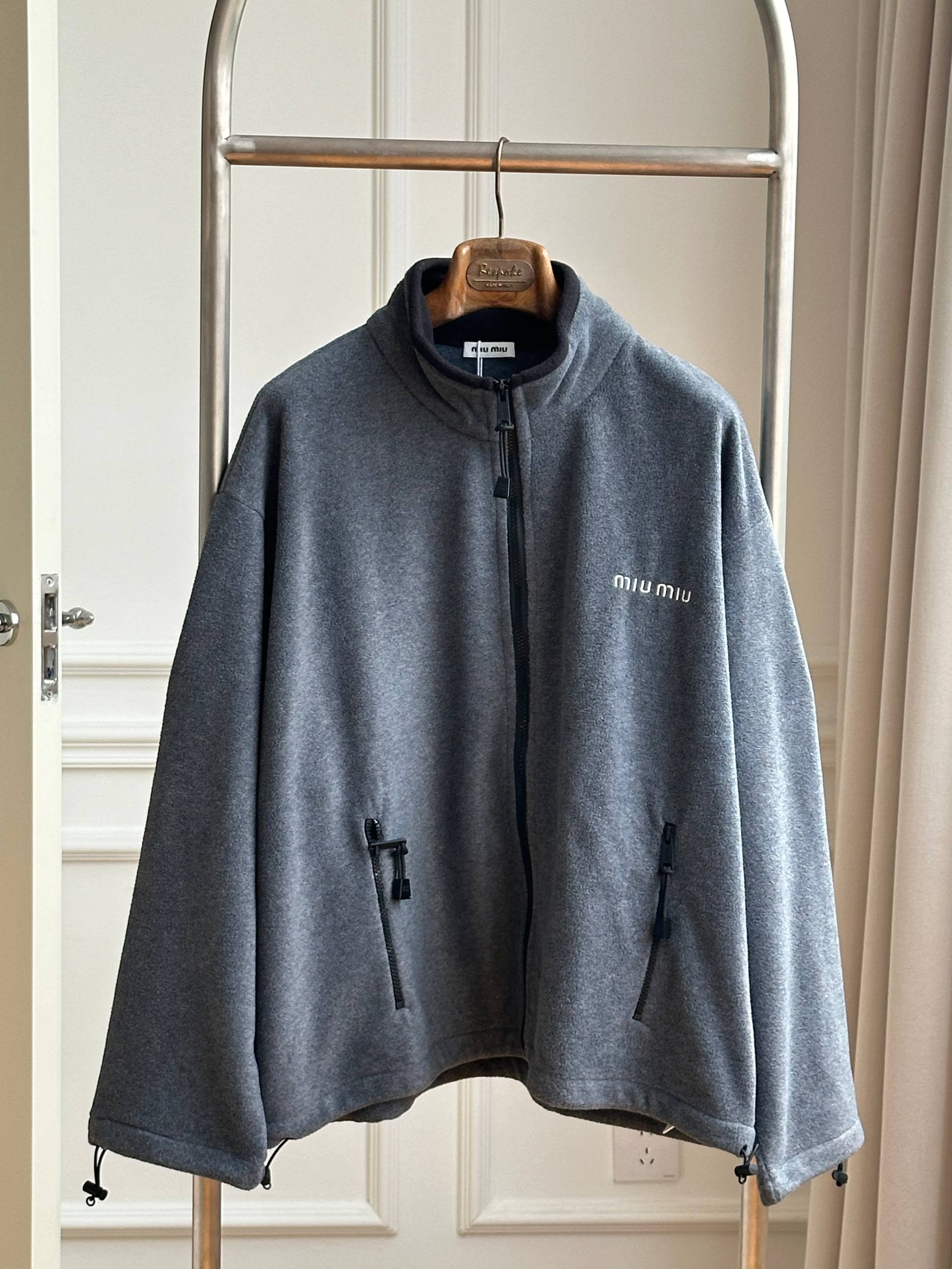 Miu Miu Grey Fleece Stand Collar Zipper Jacket