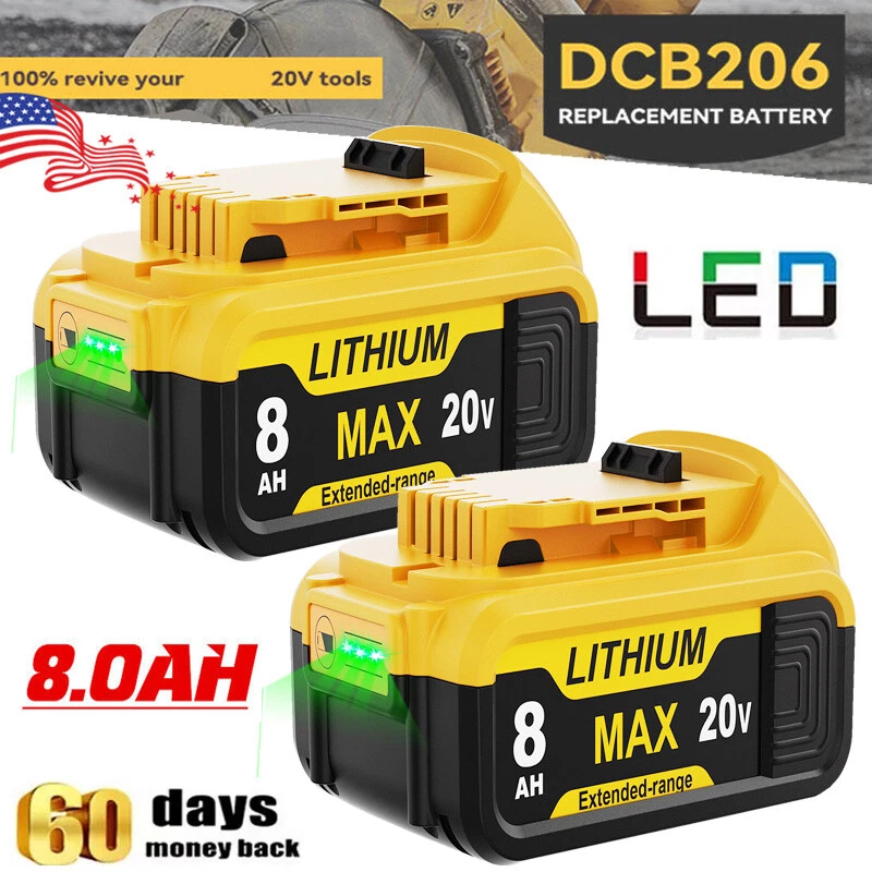 2-piece set suitable for DeWalt 20V 20V Max XR 8.0AH lithium-ion battery DCB206-2 DCB205-2