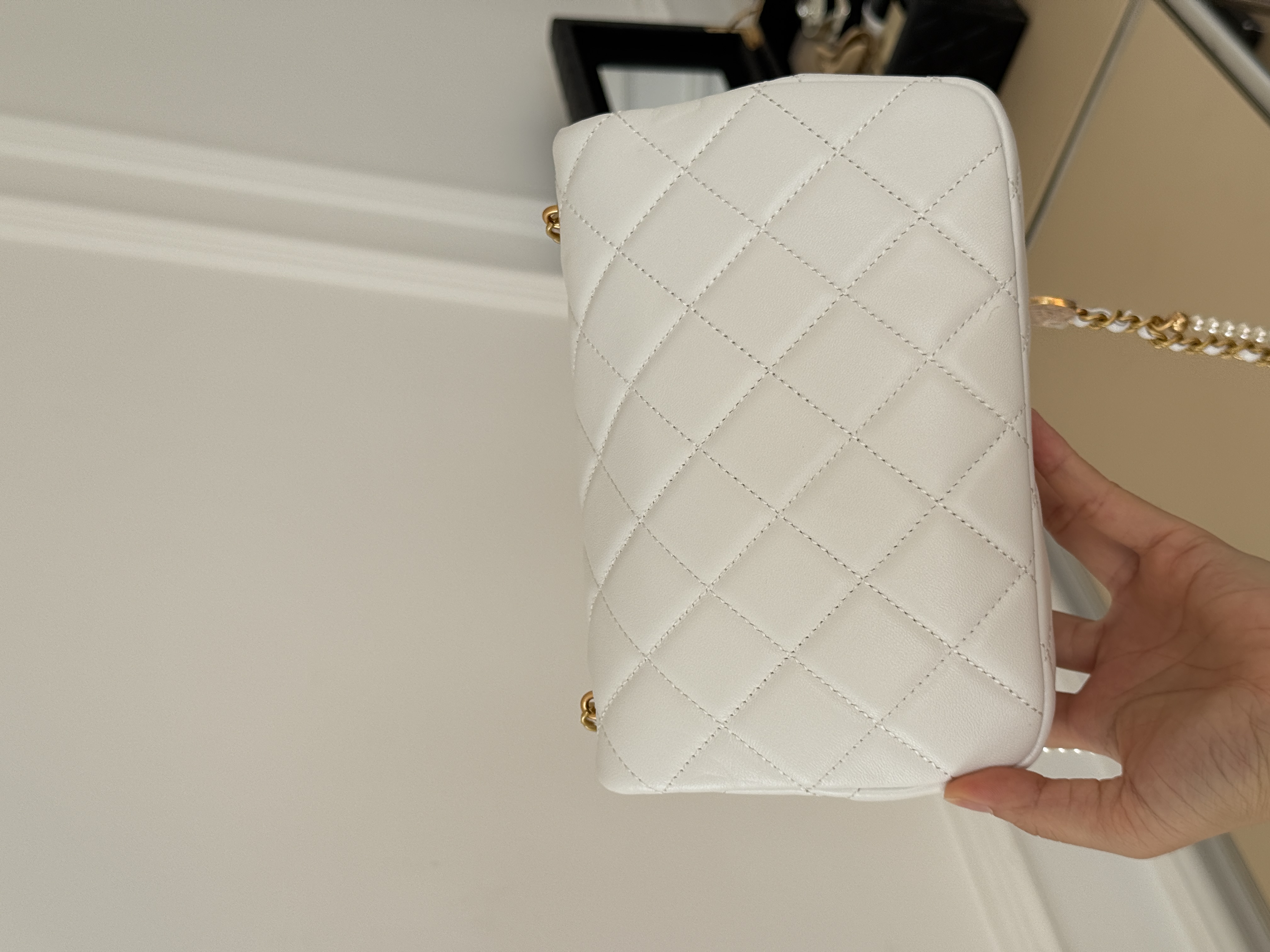 Chanel Mini Classic Flap Quilted Lambskin Pearl Interwoven Chain Bag