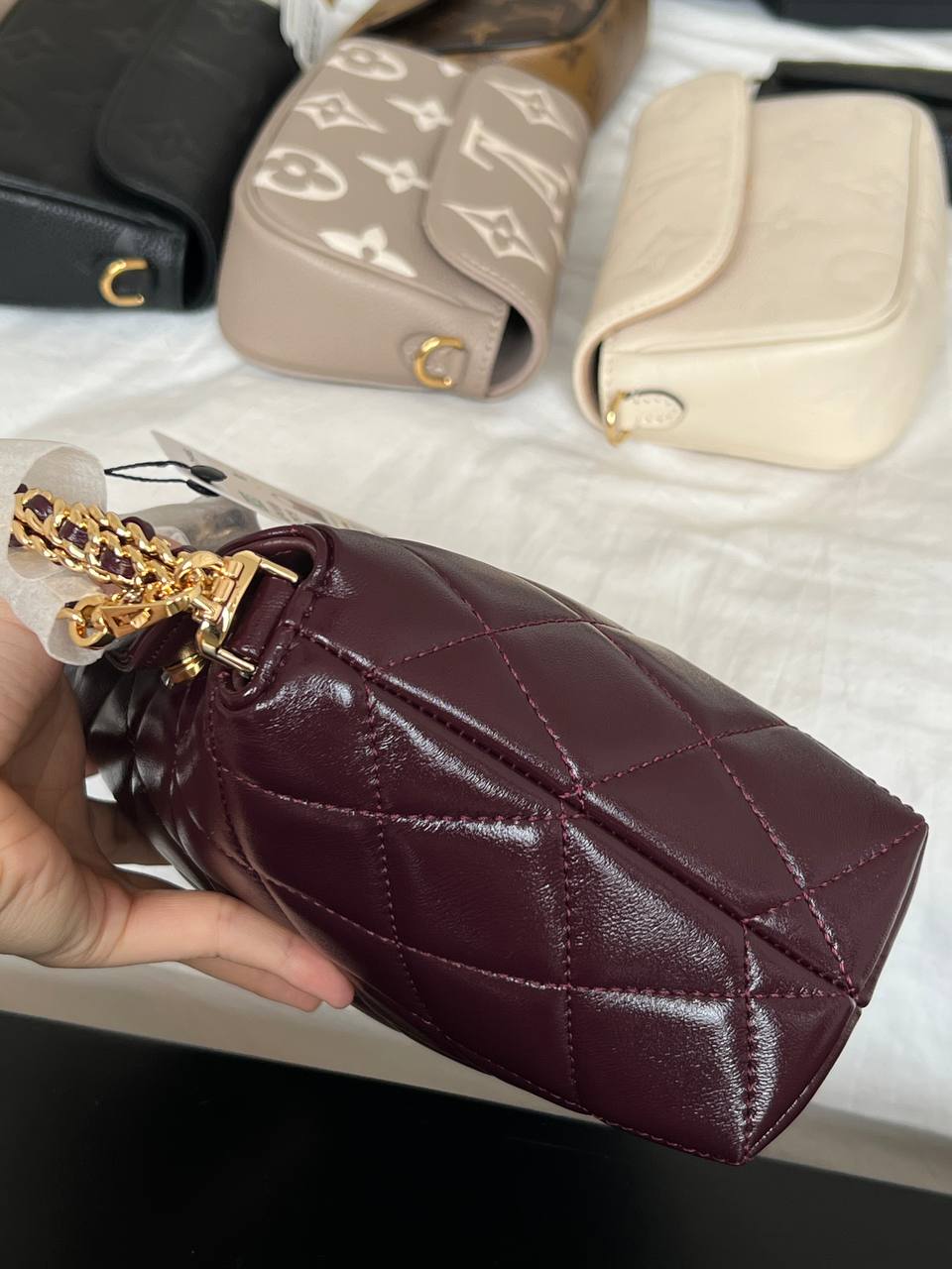 Chanel Burgundy Shiny Wax Leather Quilted Hobo Bag With Braided Chain Handle & Gold CC Logo