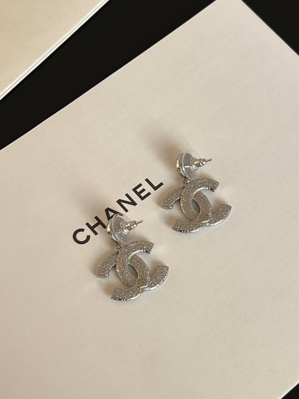 CHANEL Full Crystal Silver Interlocking CC Drop Earrings