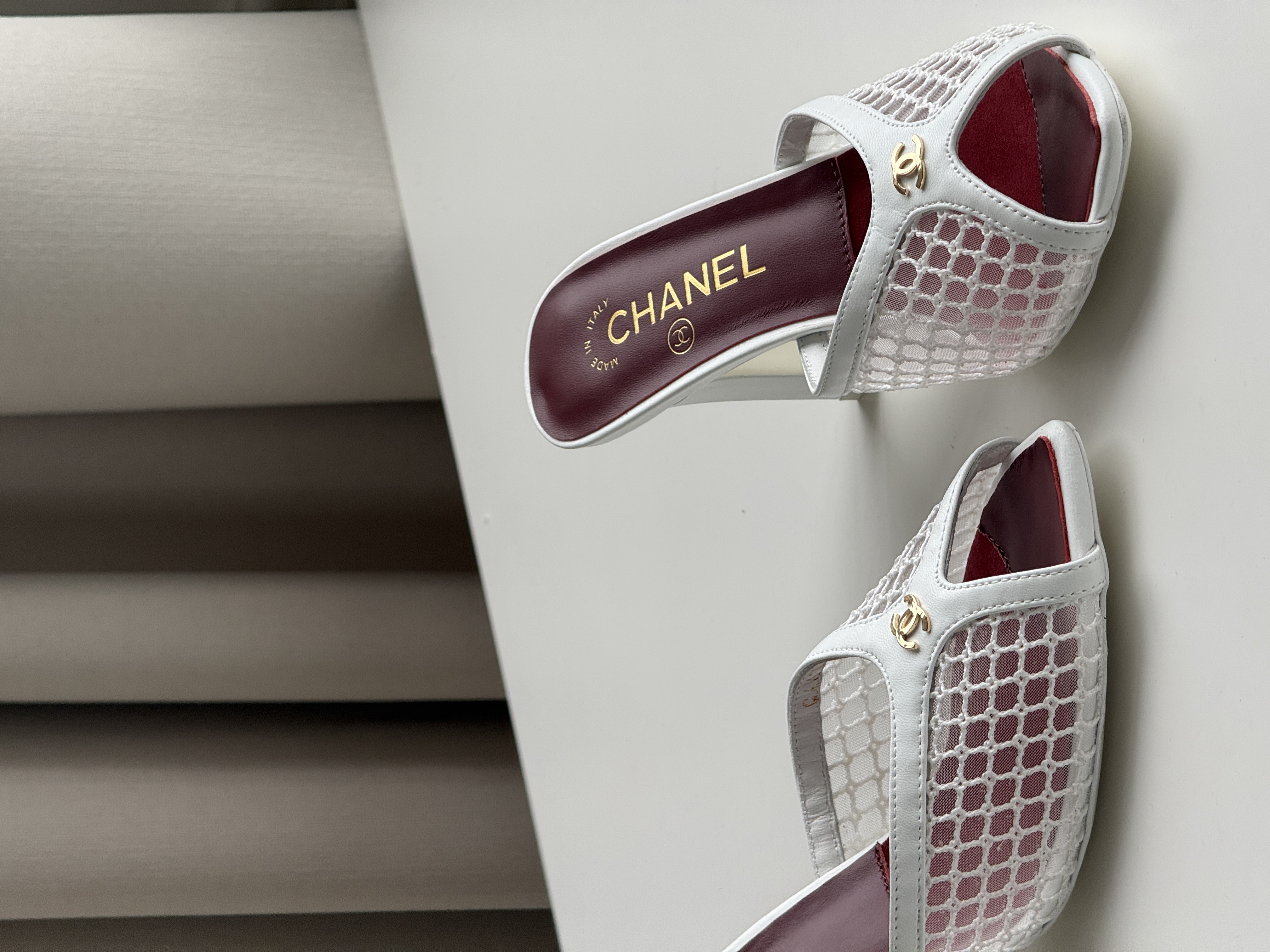 CHANEL Mesh Peep-Toe CC Block Heel Slide Mules