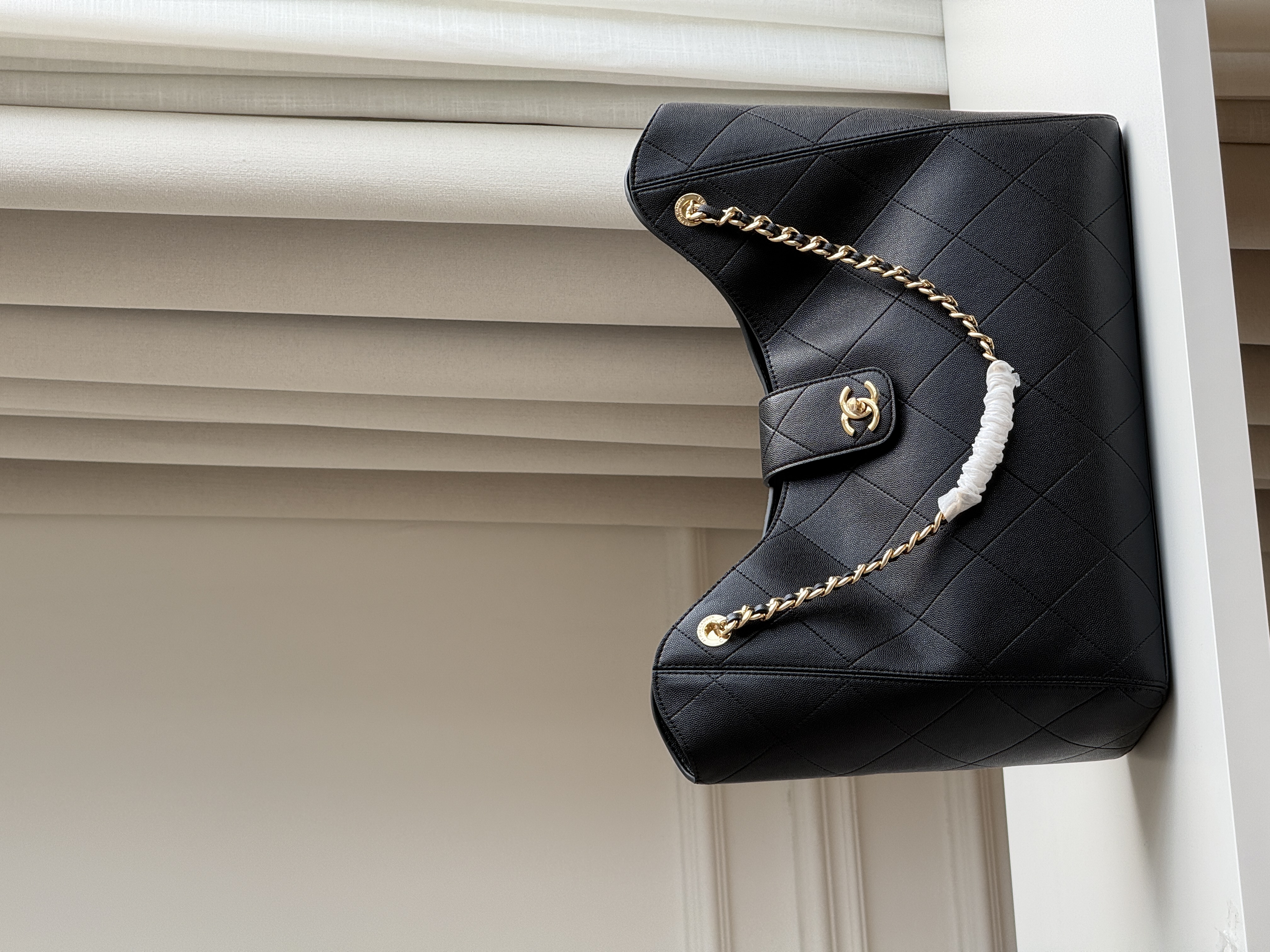 Chanel Quilted Caviar Leather Gold CC Chain Tote Shopping Bag
