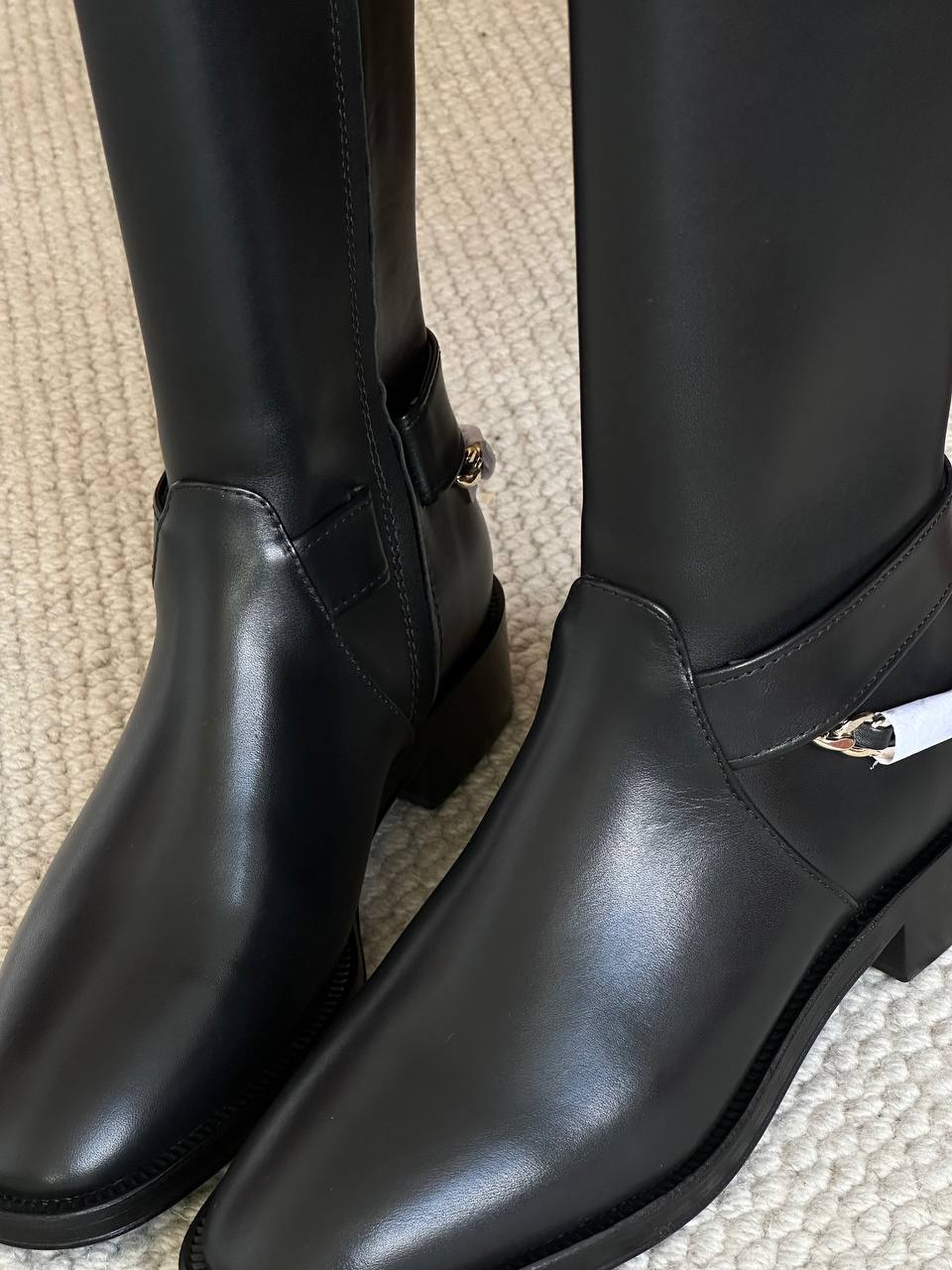 Chanel Black Polished Leather CC Metal Buckle Block Heel Straight Tall Riding Boots