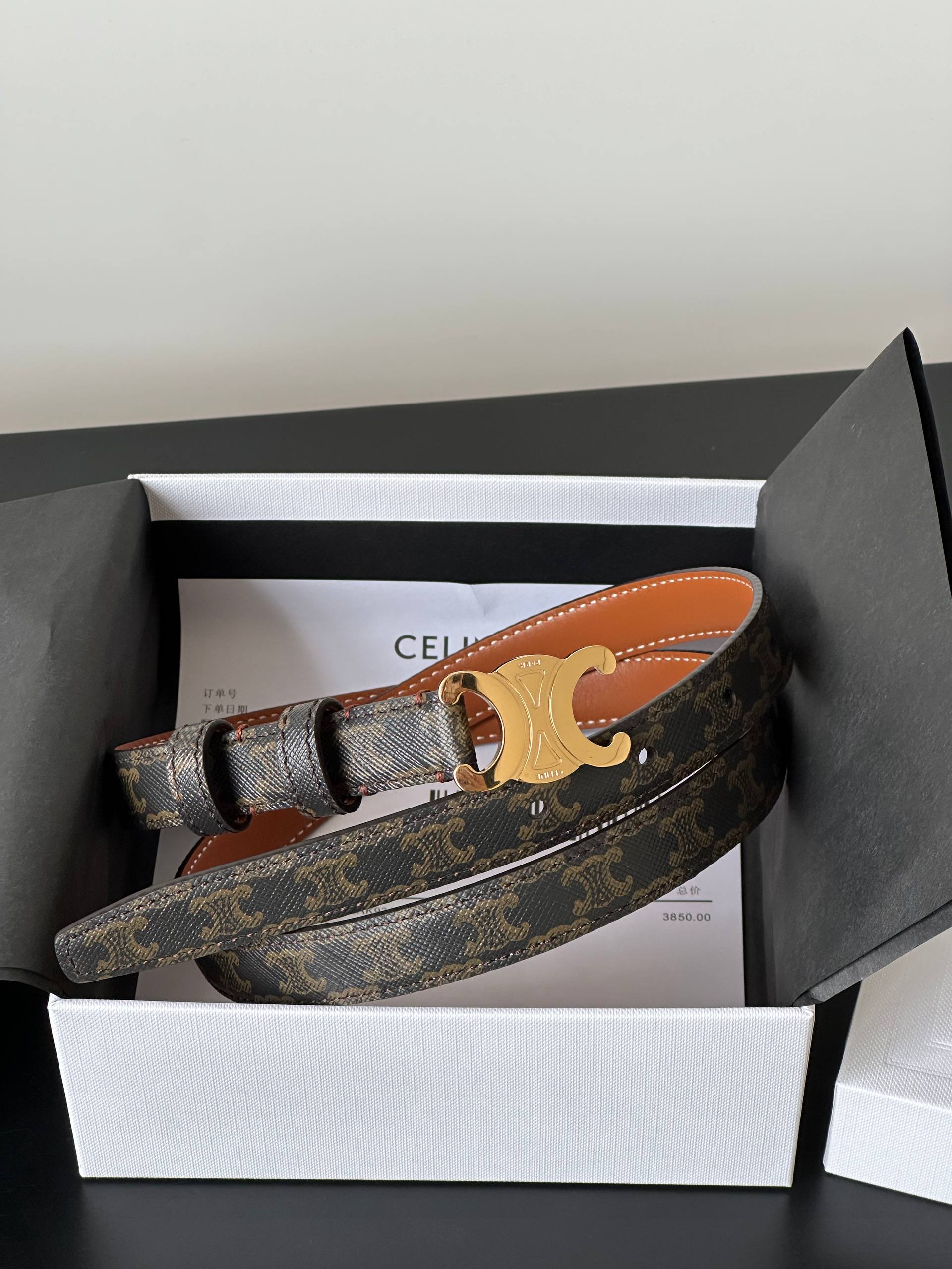 Celine Triomphe Gold Buckle Monogram Coated Canvas Leather Belt
