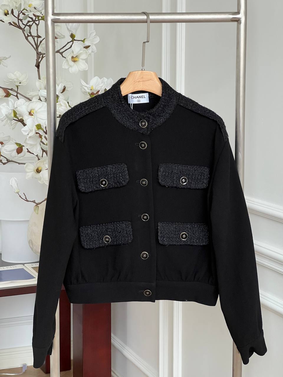 Chanel Black Woven Fabric Jacket With Tweed Splicing, Stand Collar, Four Pockets & Metal Buttons