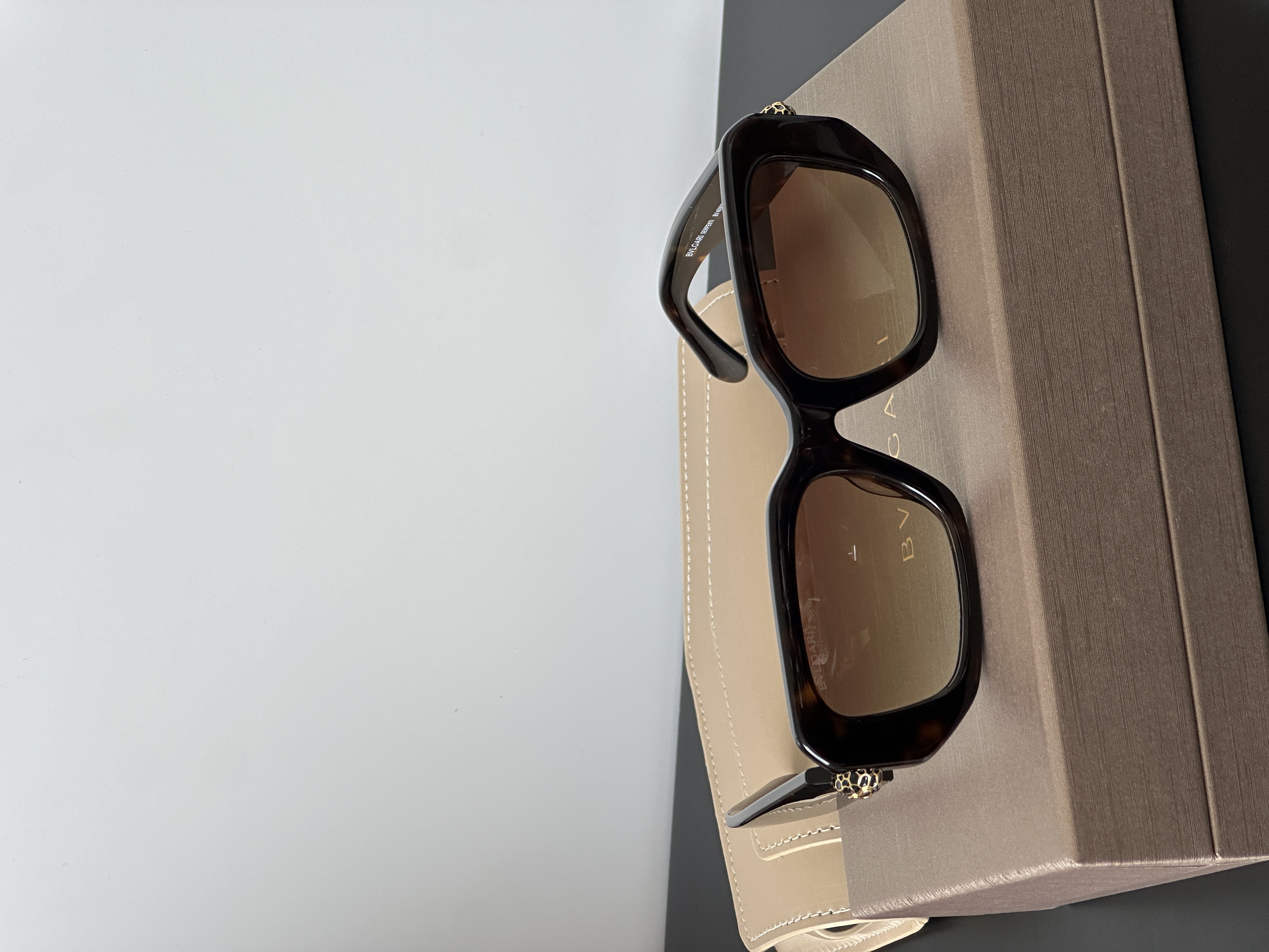 BVLGARI Tortoise Square Sunglasses with Serpenti Metal Ornament Gradient Brown Lenses