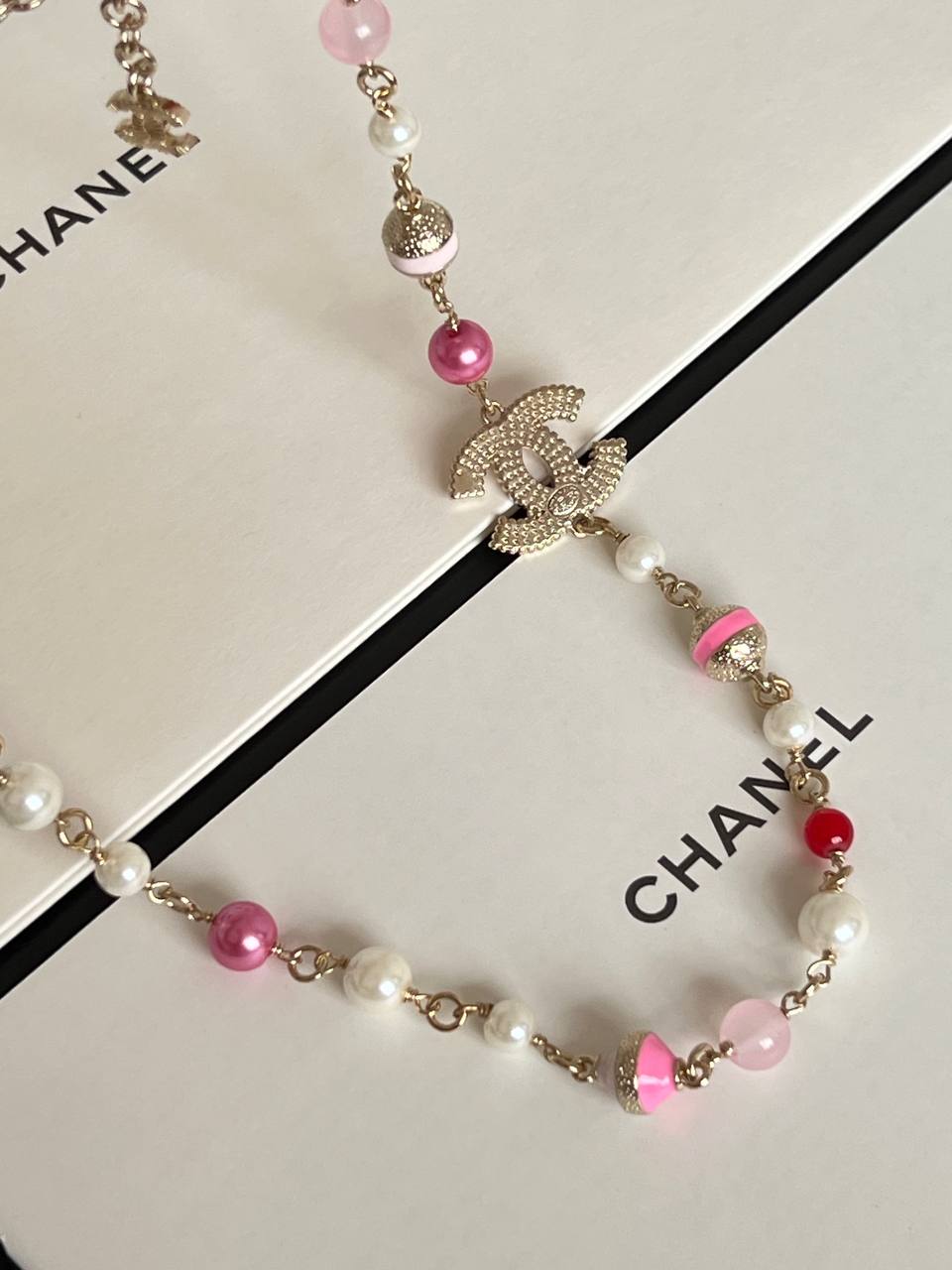 Chanel Light Gold Necklace With Pink Stripe Enamel CC, Pink Beads & Faux Pearls Adjustable