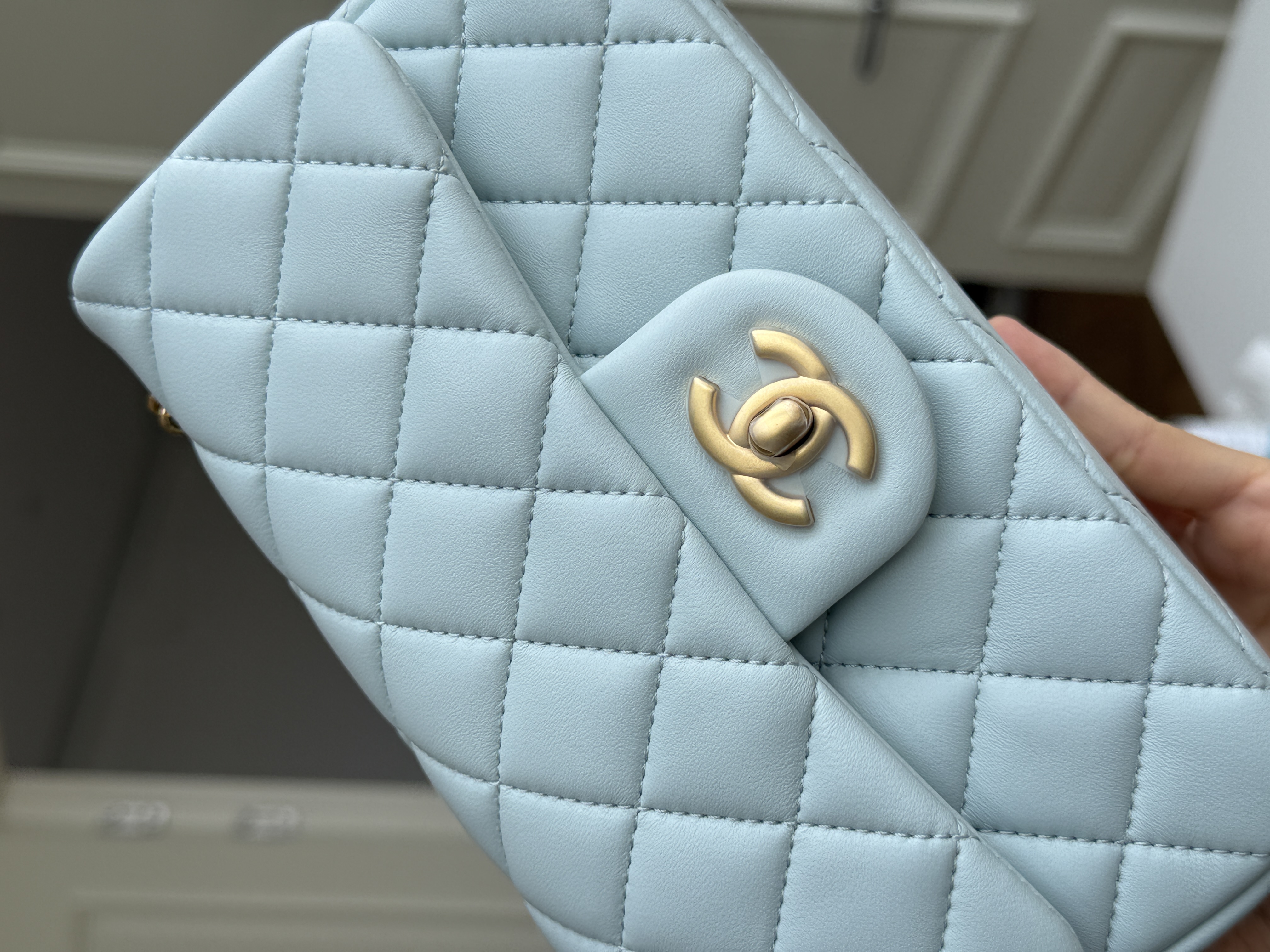 Chanel Light Blue Caviar Leather Classic Flap Silver CC Chain Bag