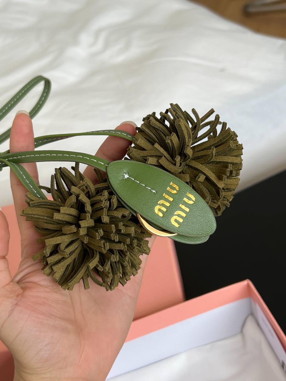 Miu Miu Olive Green Leather Double Pom-pom Bag Charm