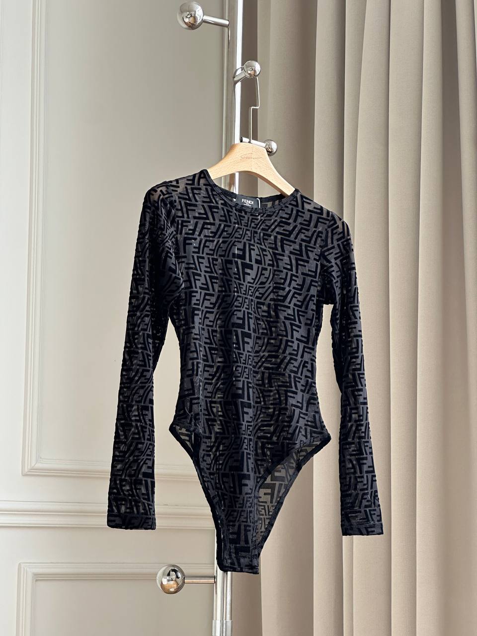 Fendi FF Logo Flocked Mesh Long-Sleeve Bodysuit