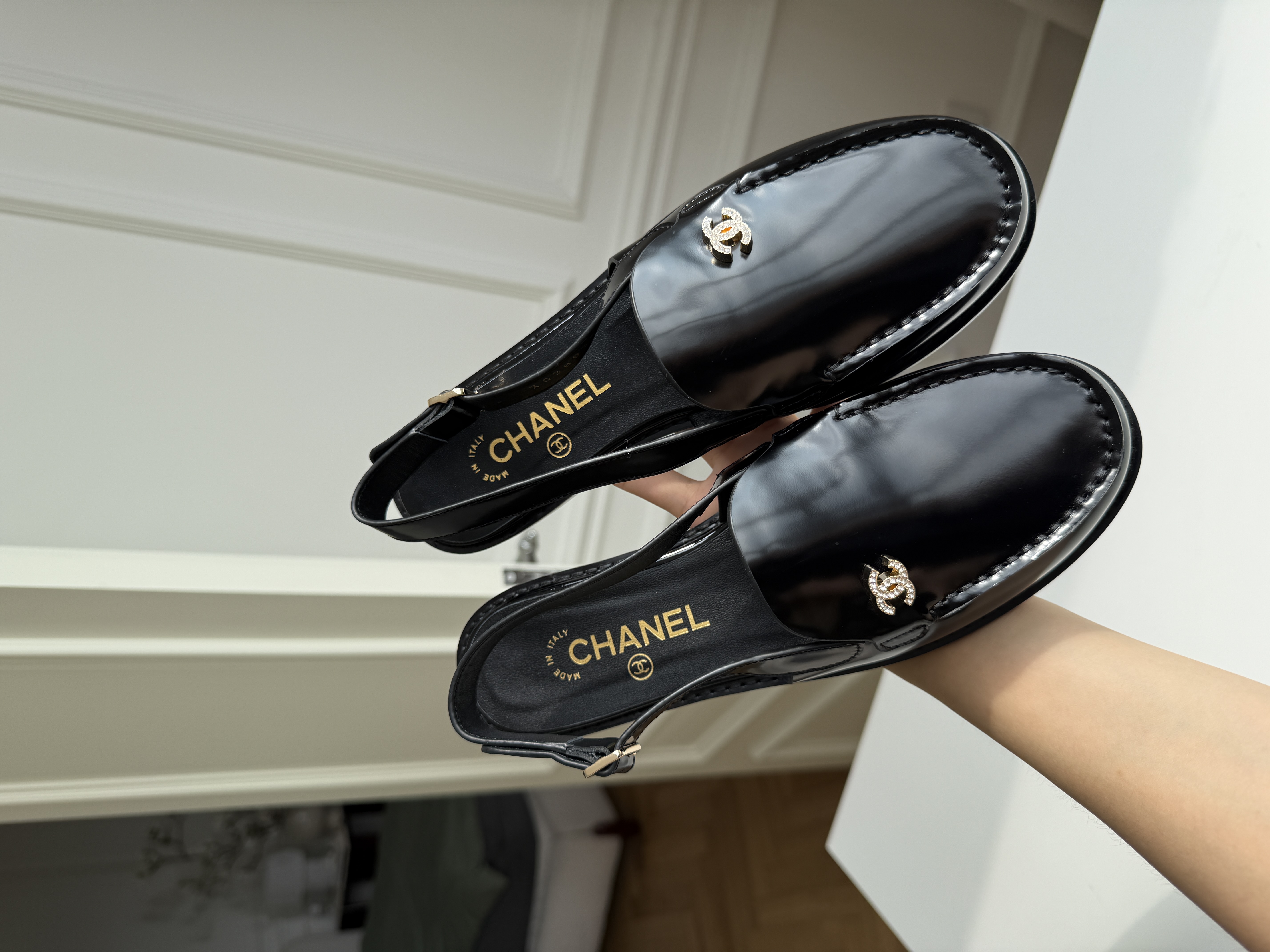 Chanel Patent Leather Crystal CC Slingback Loafers