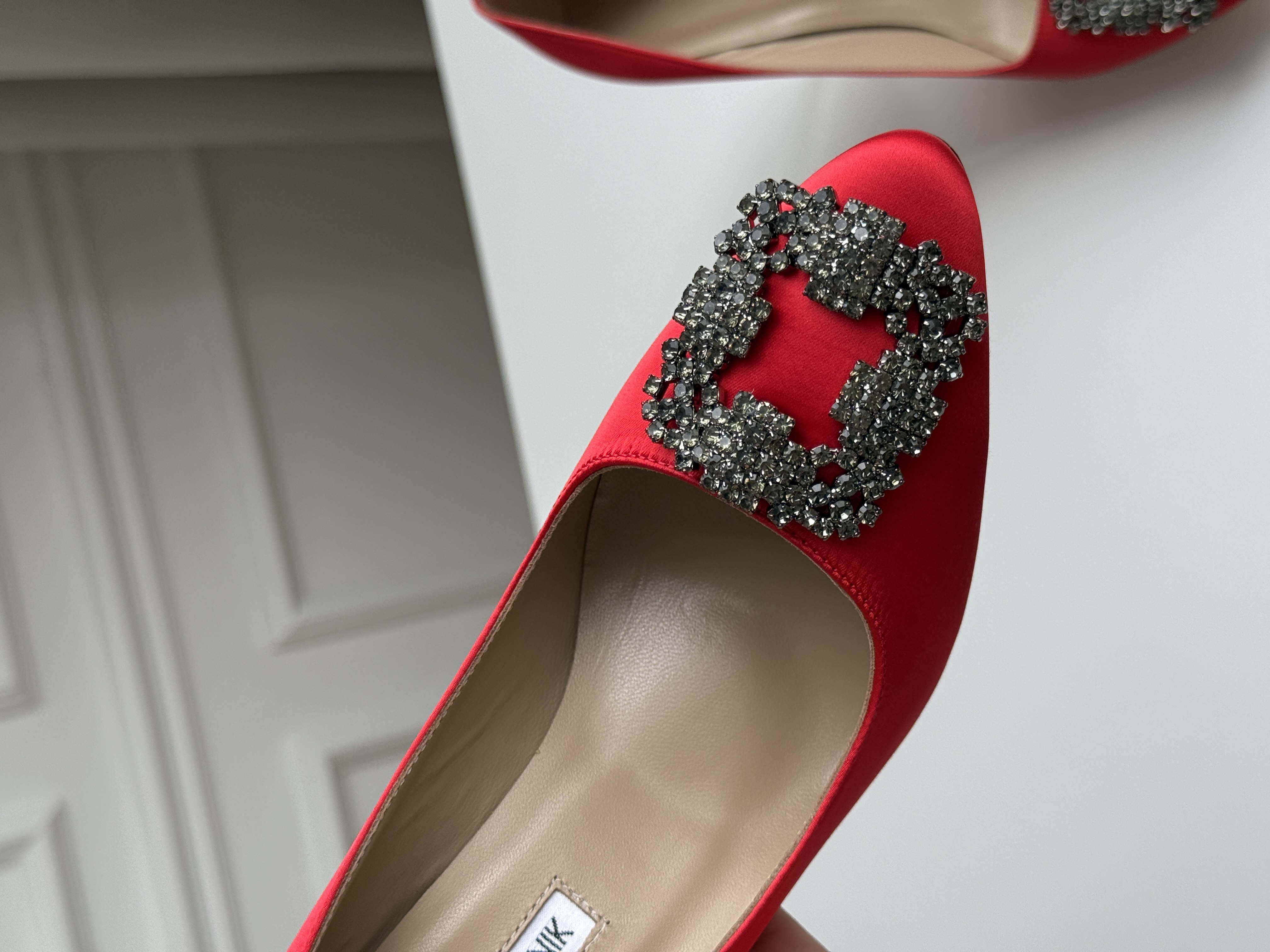 Manolo Blahnik Hangisi Red Satin Jewel Buckle Pumps