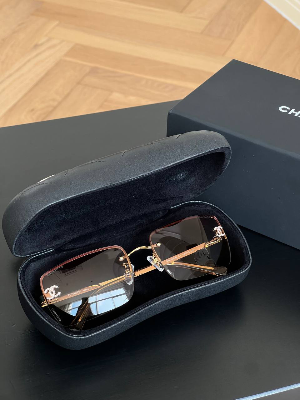 Chanel Gold Rimless Square Sunglasses With Crystal Interlocking CC Logo Gradient Brown Lenses