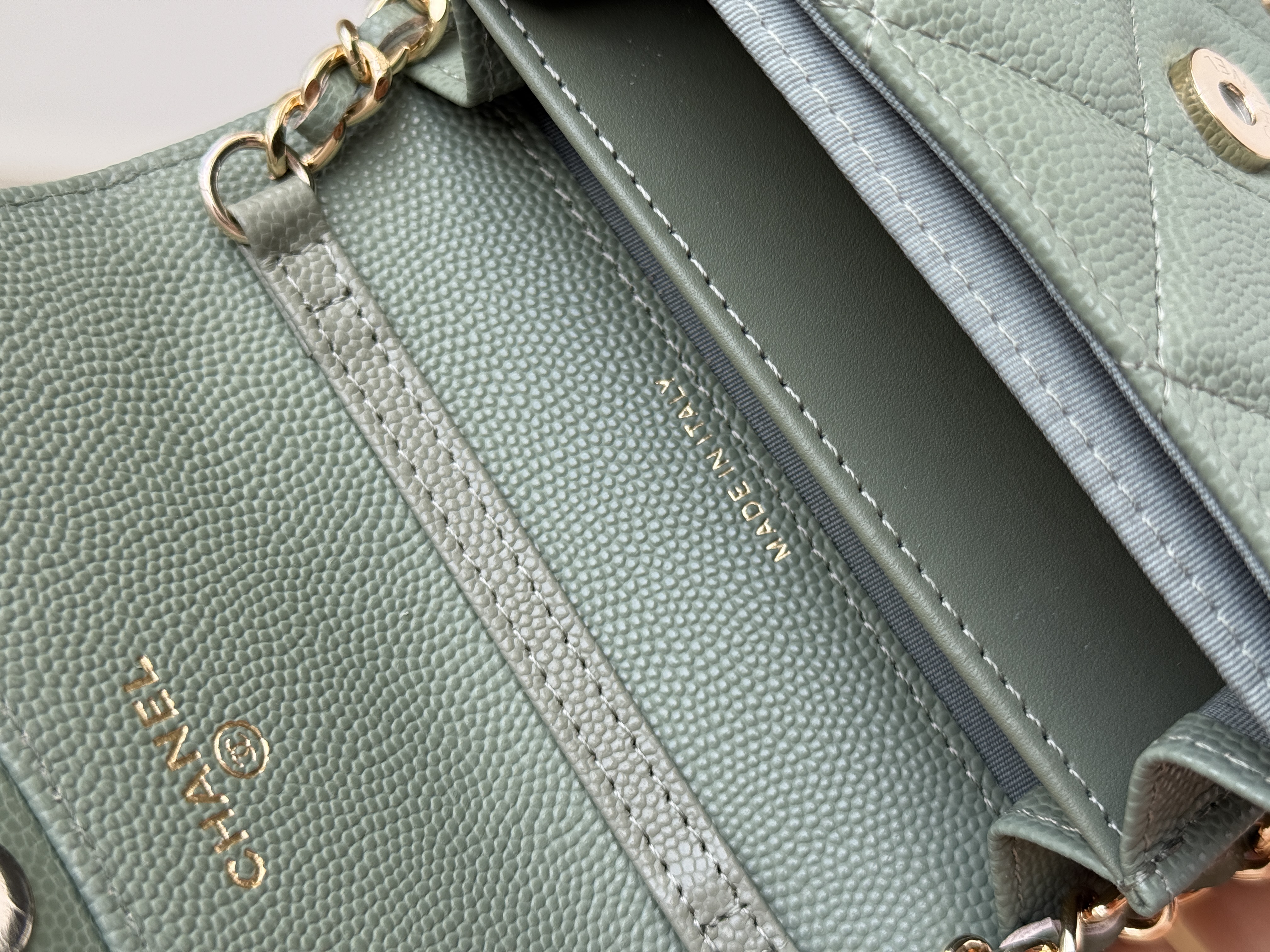 Chanel Sage Green Caviar Leather Mini Classic Flap Gold CC Chain Bag