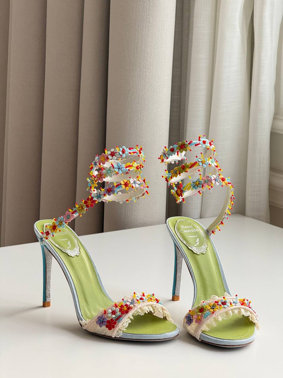 René Caovilla Floriane Multicolor Flower Embroidered Lace Wrap-Around Sandals