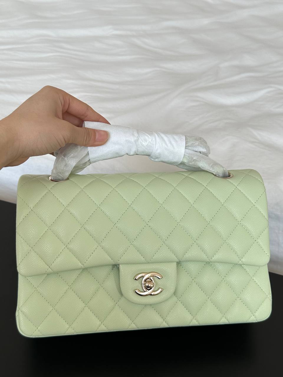 CHANEL Classic Flap Light Green Caviar Quilted Leather Bag with Light Gold Hardware
