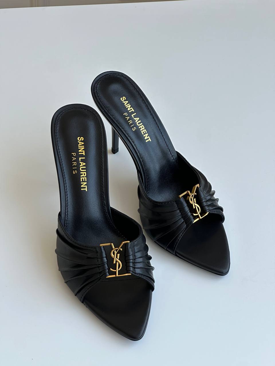 Saint Laurent Black Lambskin Ruched Front Gold YSL Logo Pointed Toe Stiletto Mule Slides