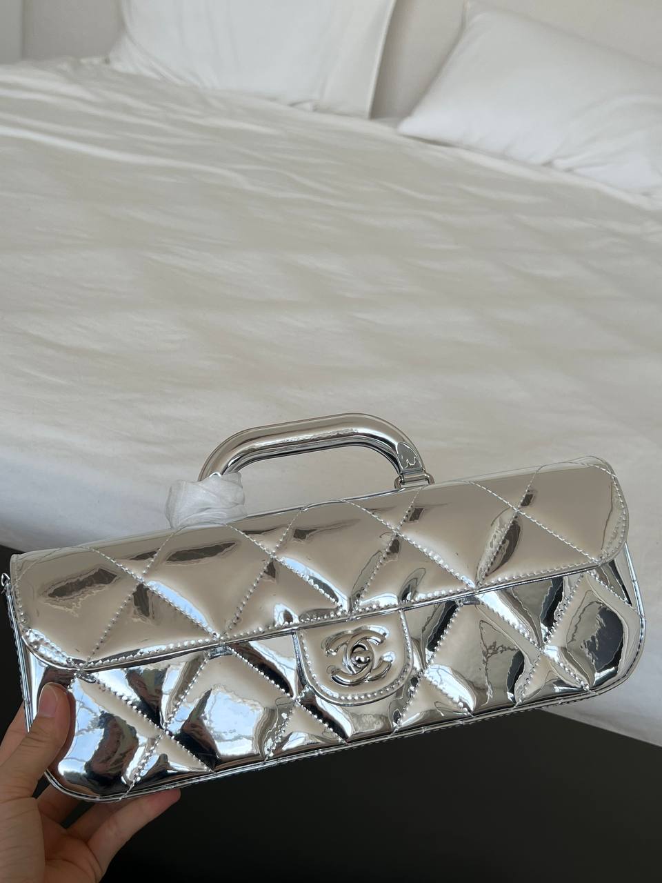 Chanel Silver Metallic Mirror Leather Long Kelly Top Handle Bag