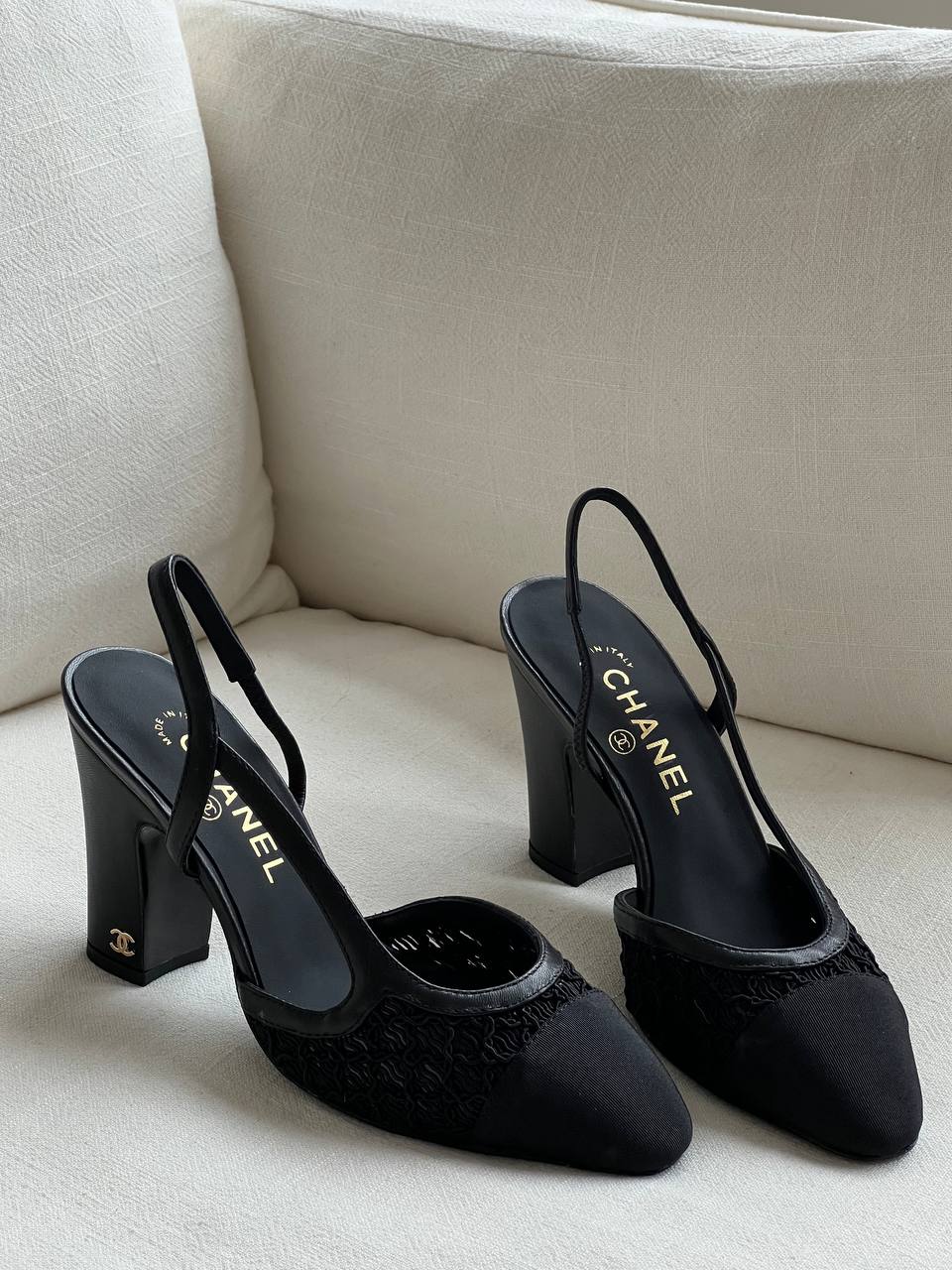 CHANEL Lace & Fabric Slingback Block Heel Pumps