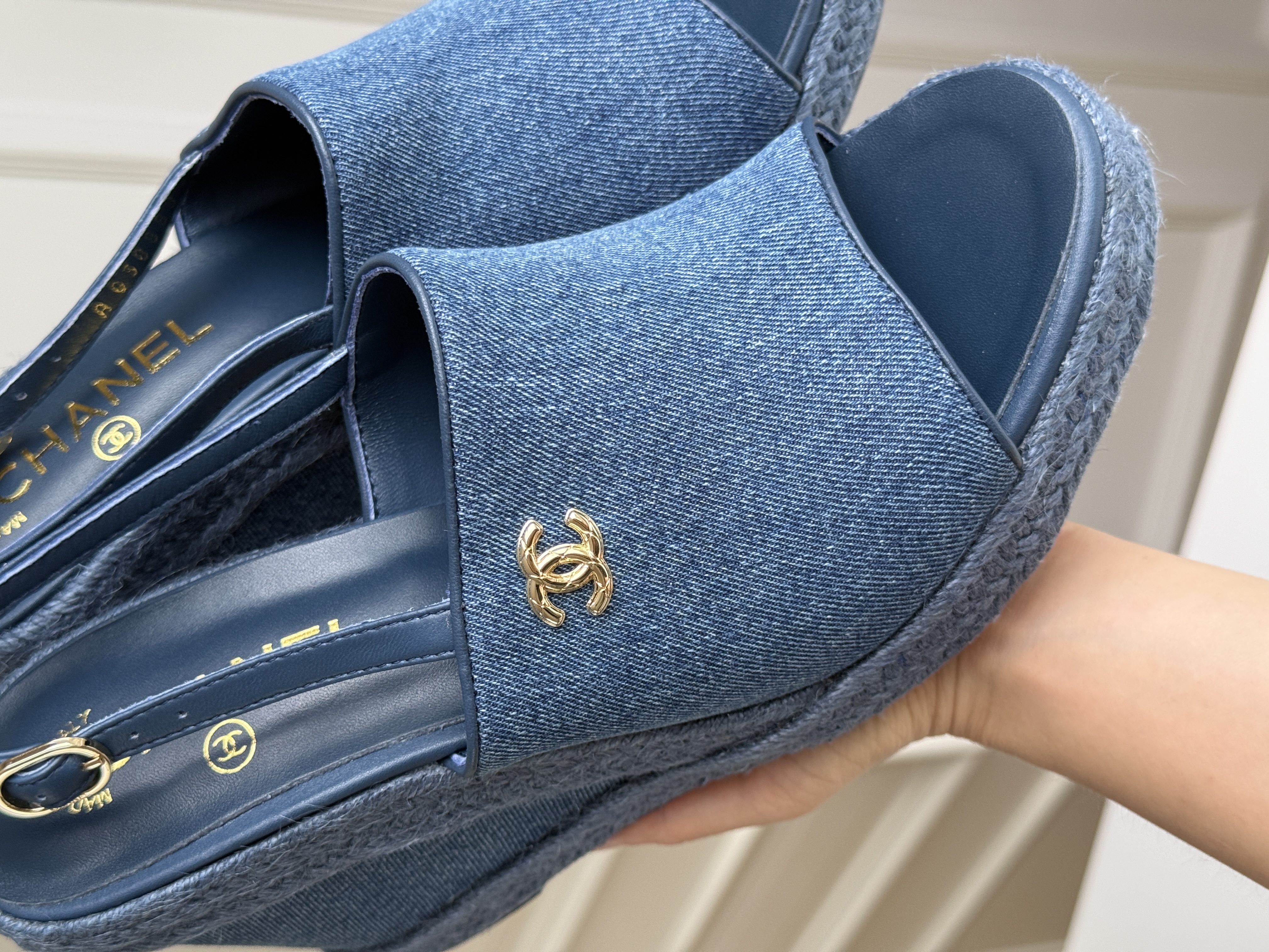 CHANEL Denim CC Logo Raffia Wedge Heel Slingback Peep Toe Sandals