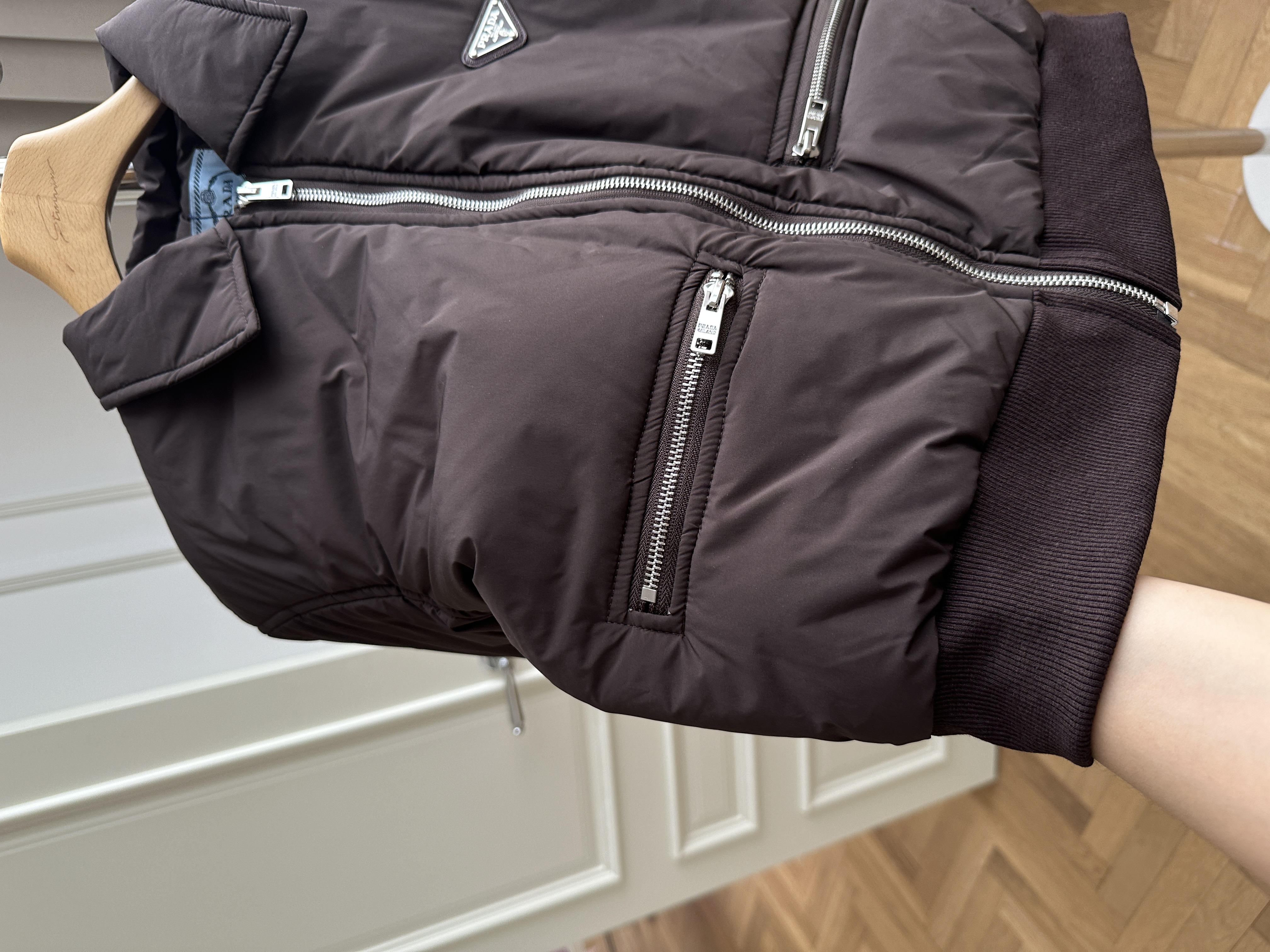 Prada Dark Brown Re-Nylon Triangle Logo Cropped Padded Bomber Jacket