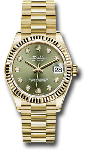 Rolex Yellow Gold Datejust 31 Watch - Fluted Bezel - Olive Green Diamond Dial - President Bracelet - 278278 ogdp【1:1 Replica】