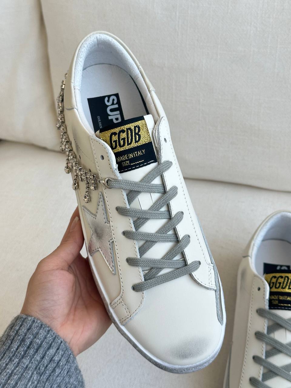 Golden Goose Super-star Crystal Tassel Distressed Star White Sneakers