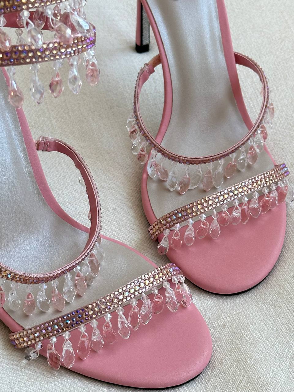 René Caovilla Pink Satin Multi-Layer Crystal Fringe Ankle Wrap Stiletto Sandals