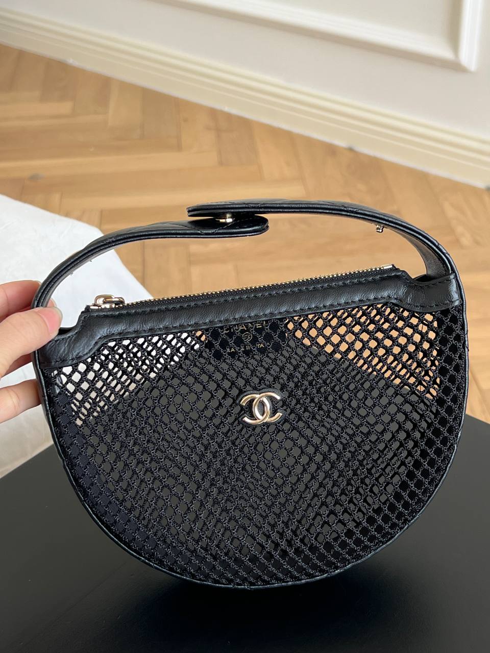 Chanel Black Hollow Mesh Gold CC Logo Semi-circular Top Handle Mini Bag