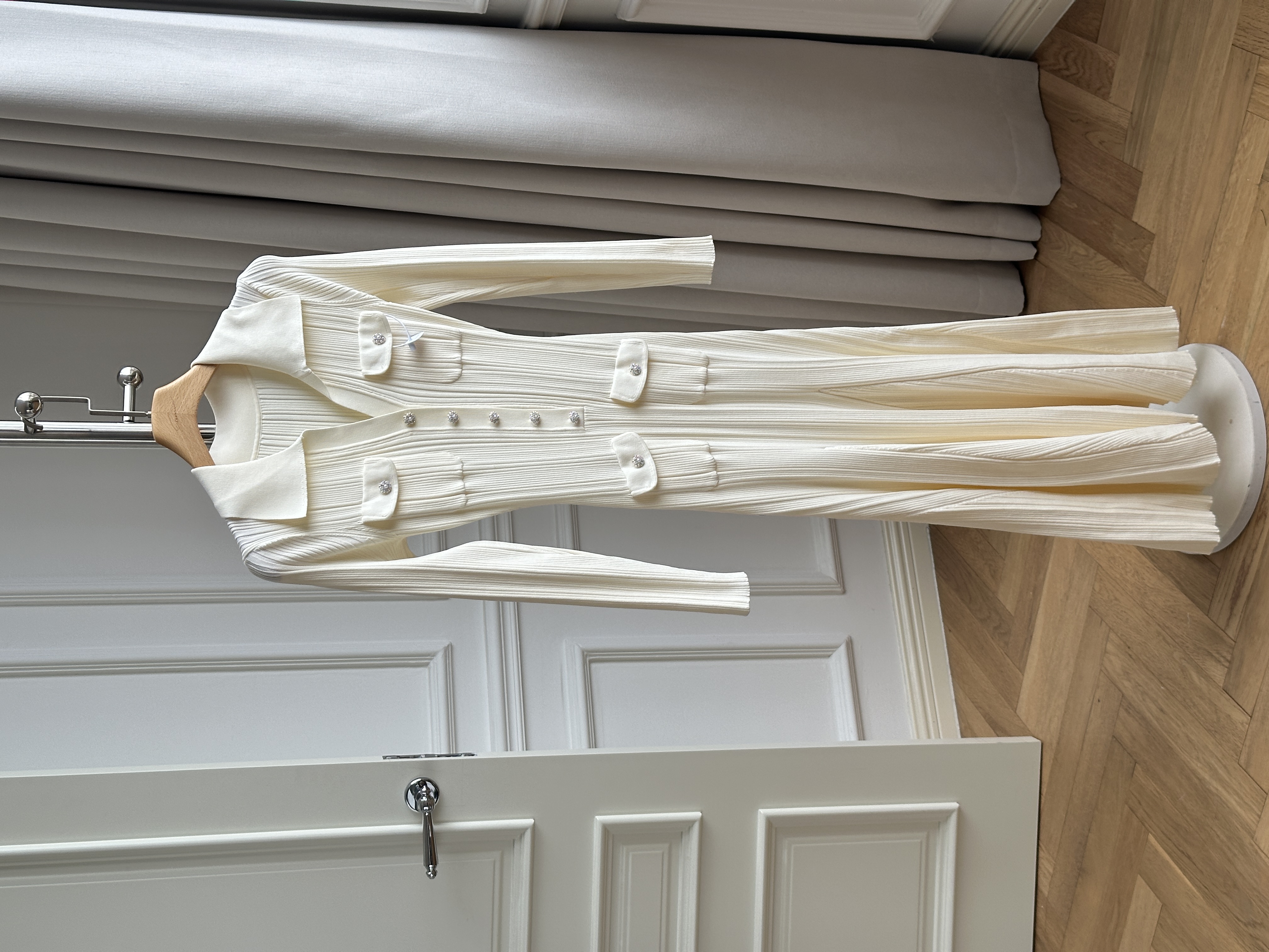 Chanel Style Collared Rhinestone Button Ribbed Knit Mermaid Maxi Dress